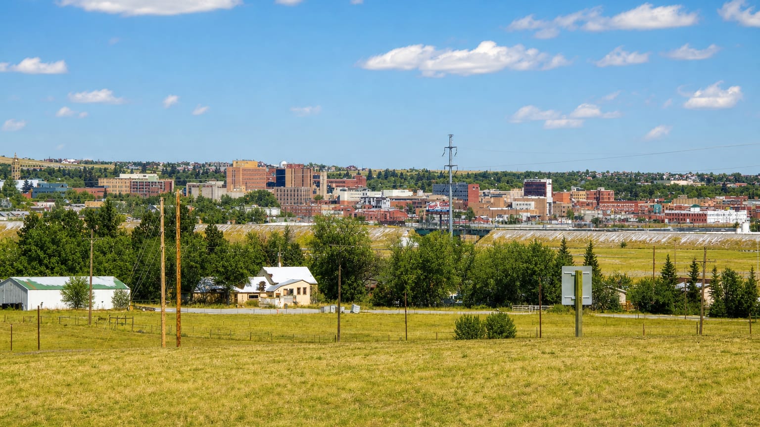 Downtown Cheyenne, Wyoming seen across an open grassy field under a blue summer sky.