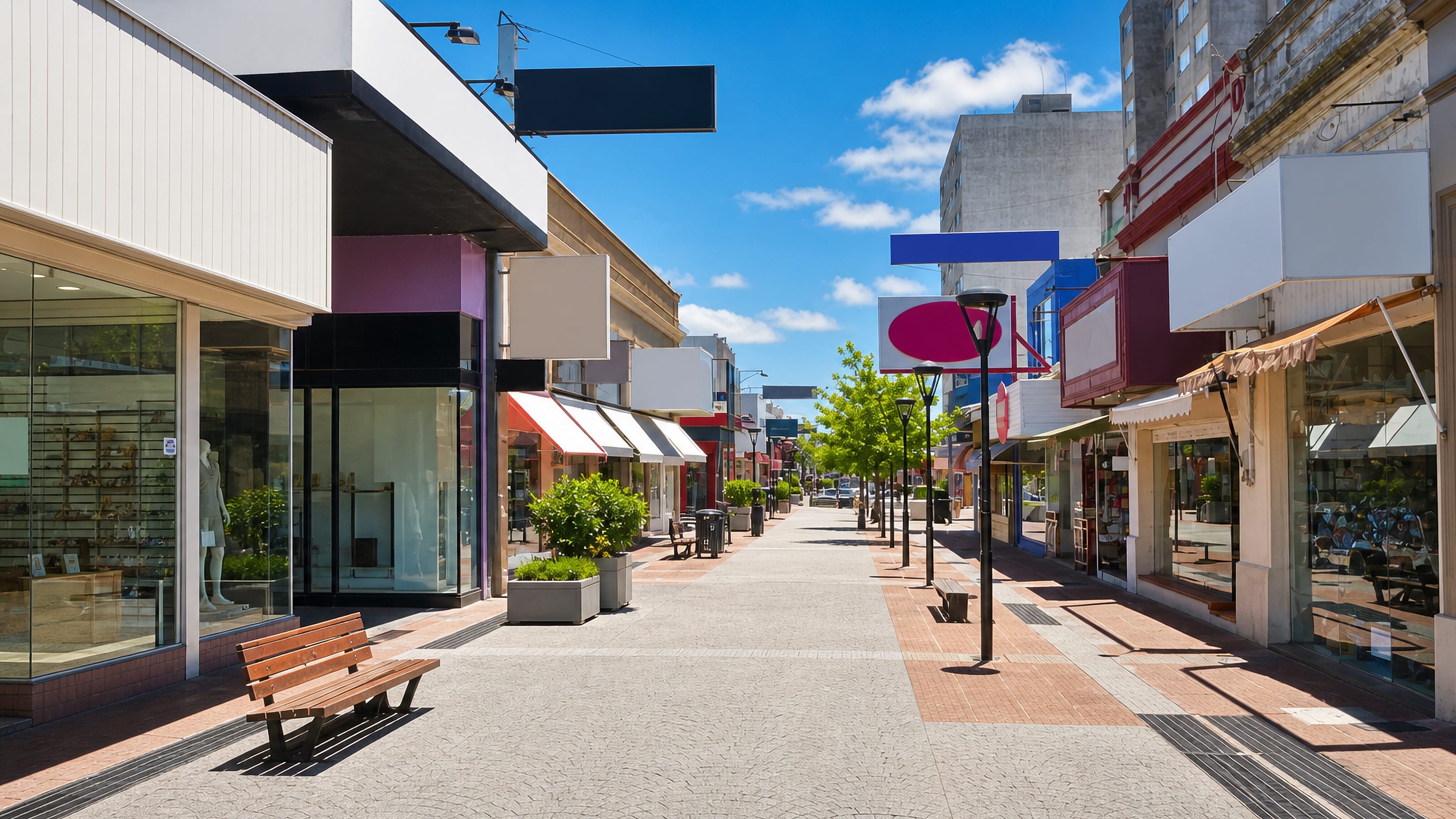 Maldonado's pedestrianised shopping street in Uruguay, lined with shopfronts, benches and young trees.