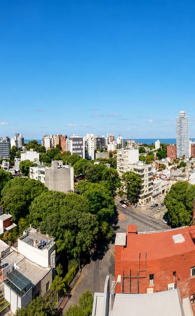 Aerial view over Montevideo's leafy residential neighbourhoods reaching the Rio de la Plata shoreline.