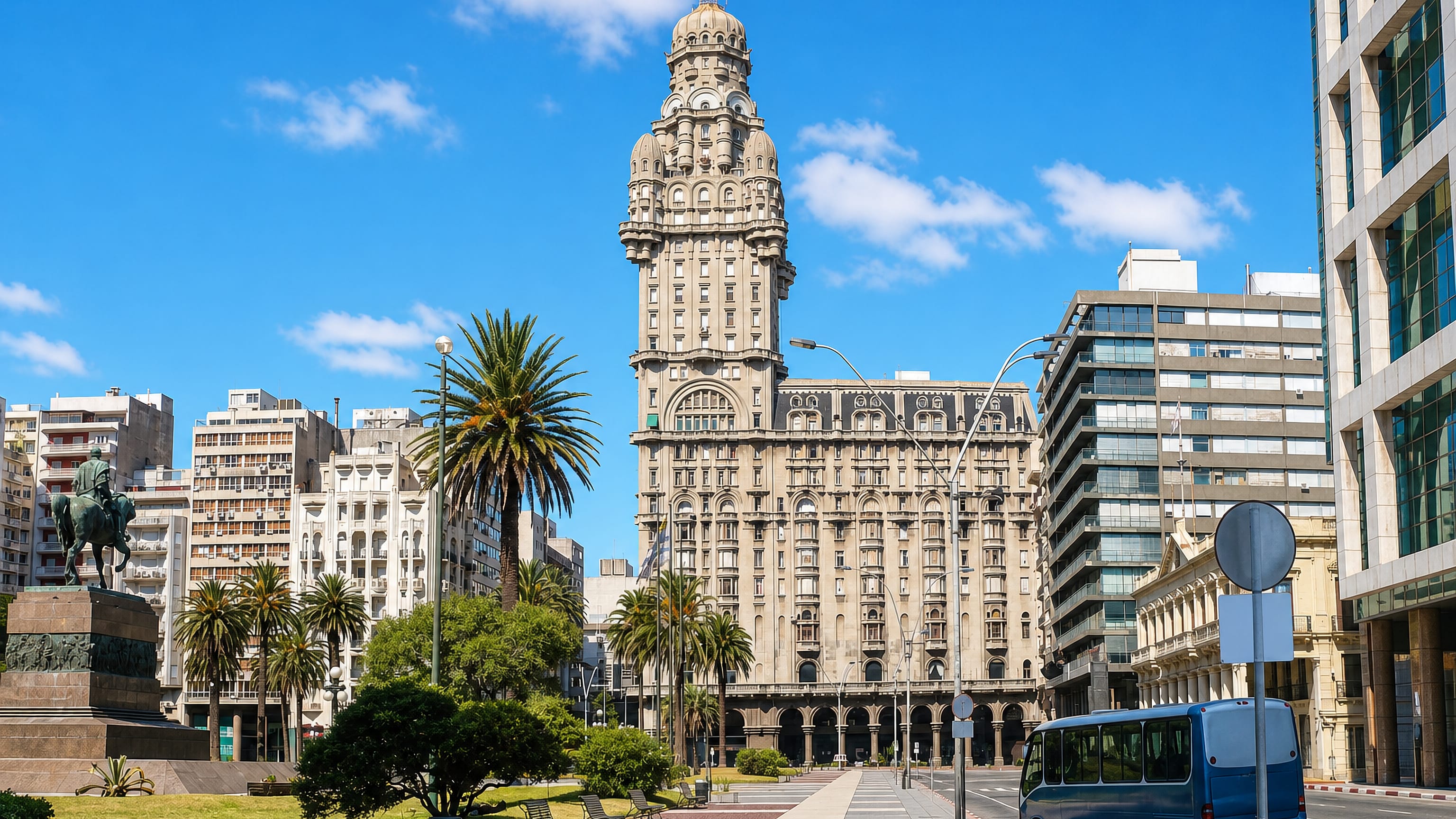 Palacio Salvo towering over Plaza Independencia and the Artigas statue in Centro, Montevideo
