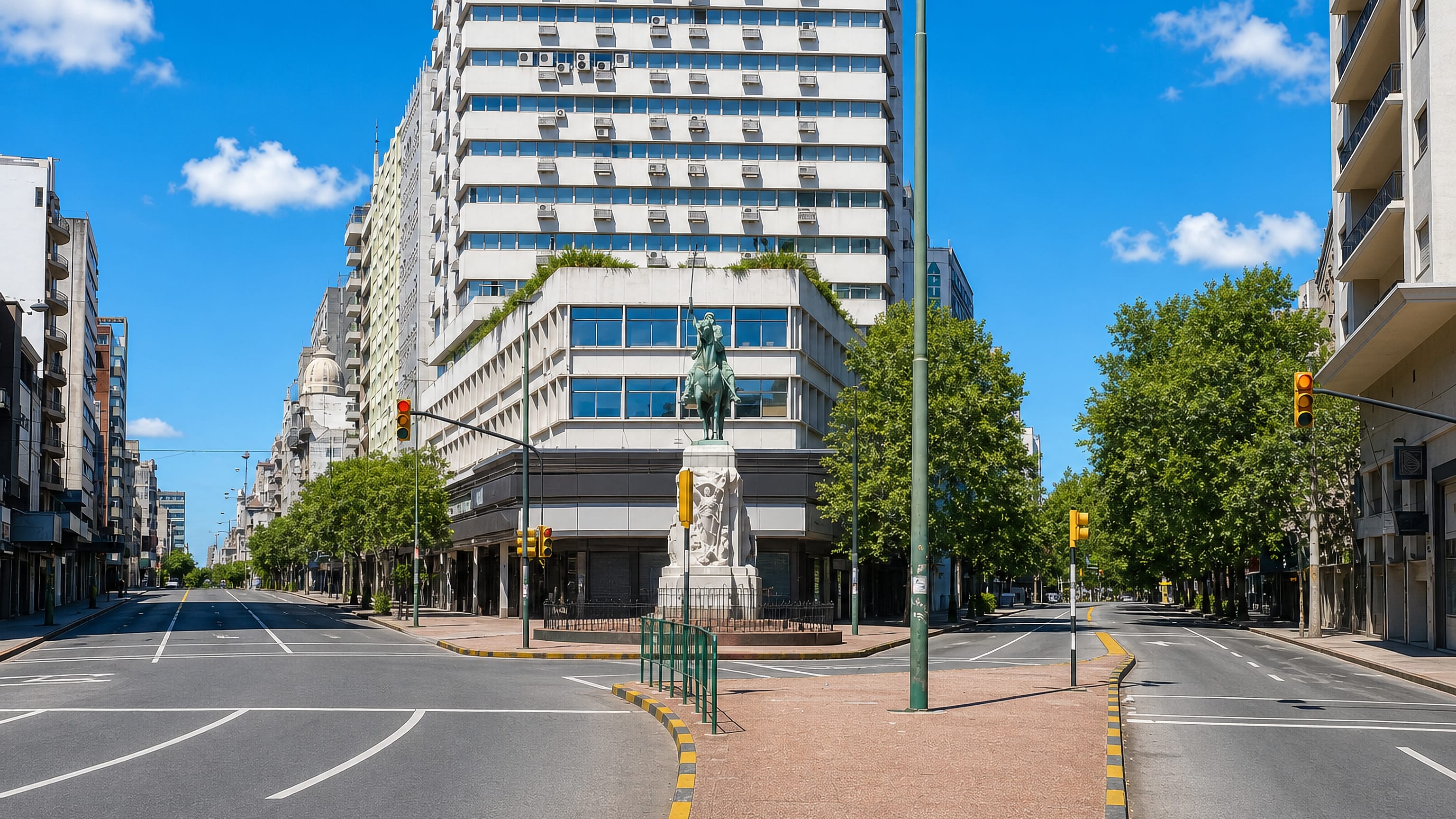 Equestrian monument on the median of a broad avenue through Cordón, Montevideo.