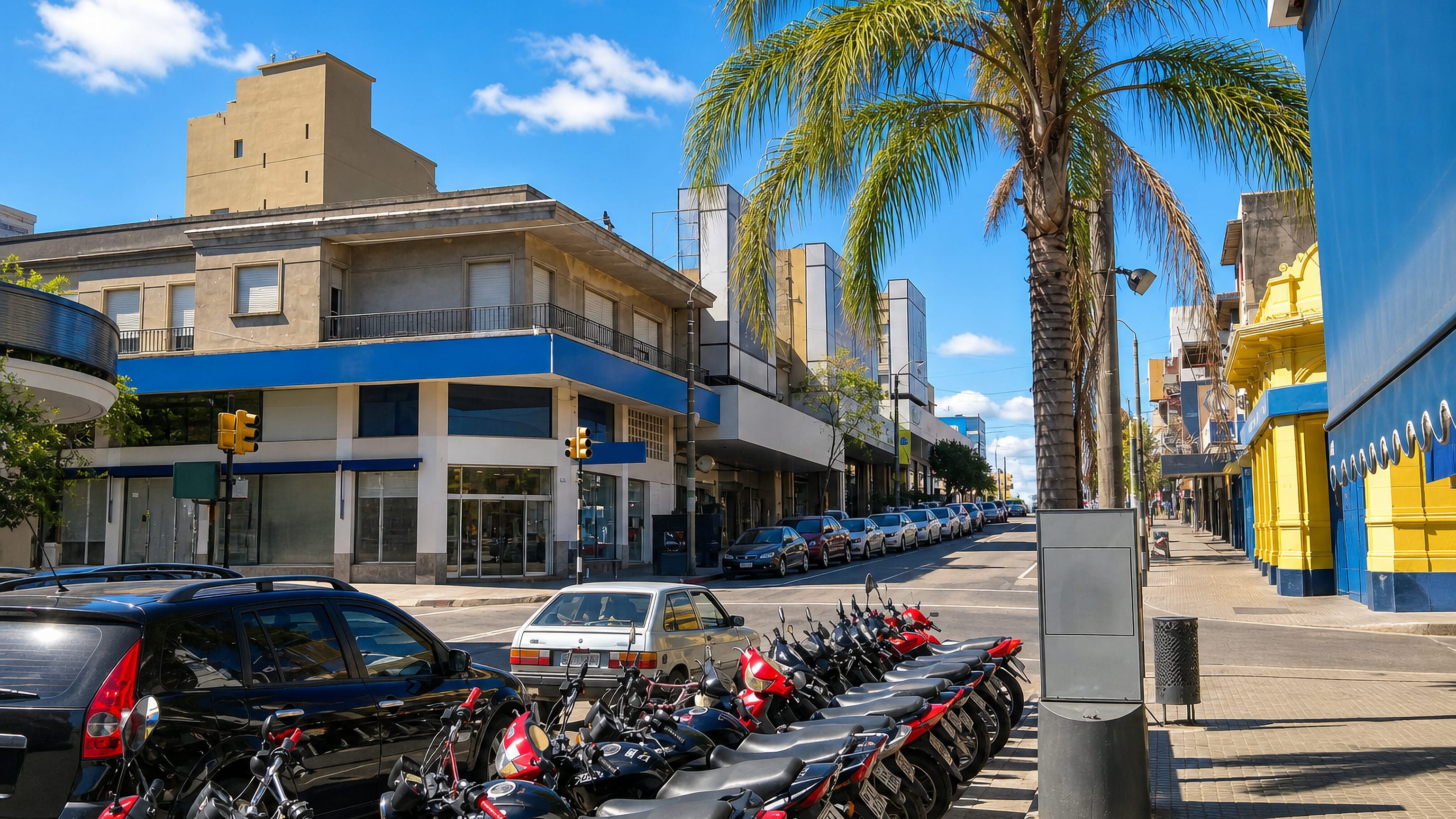 Palm-lined shopping street corner in Rivera with rows of parked motorcycles and low pastel commercial buildings