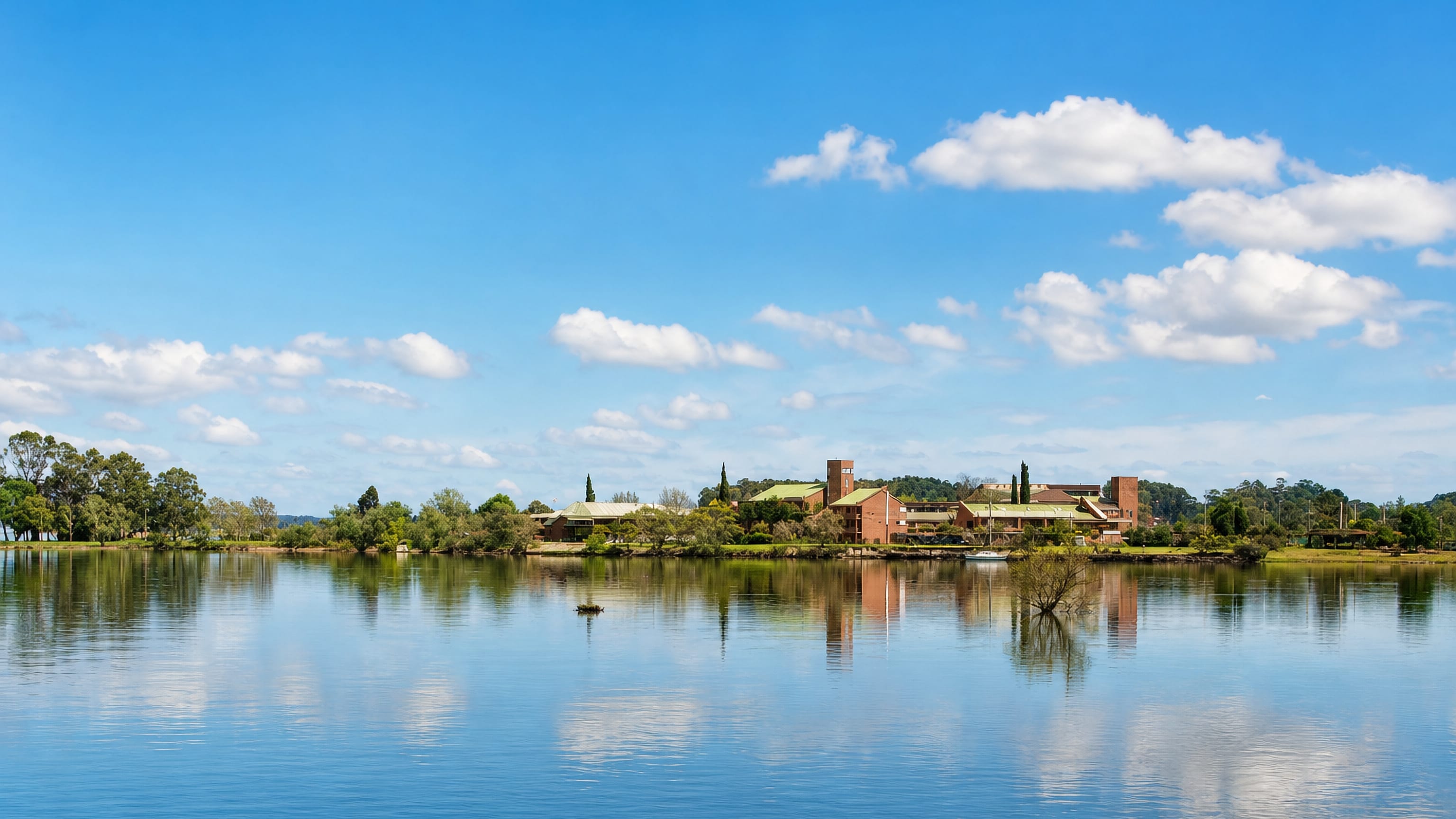 The Uruguay River at Salto, with low brick riverside buildings on the far bank under a wide sky.