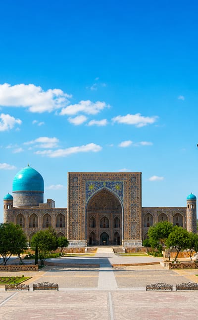 Samarkand's Registan Square with its three tiled madrasahs, turquoise domes and minarets