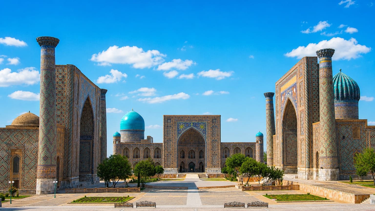 Samarkand's Registan Square with its three tiled madrasahs, turquoise domes and minarets