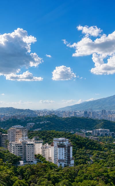 Apartment towers and greenery of Bello Monte, Caracas, below the forested Ávila mountain range.