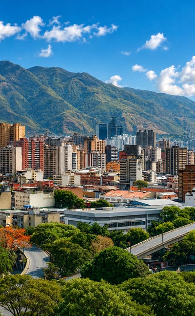 Caracas skyline with the twin Parque Central towers below the green Avila mountain