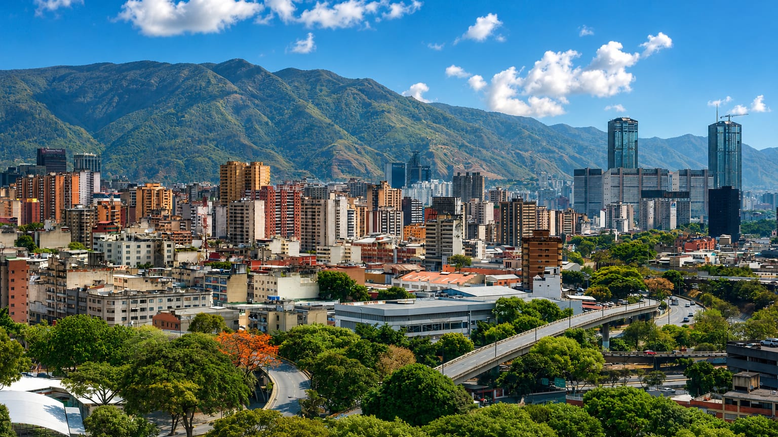 Caracas skyline with the twin Parque Central towers below the green Avila mountain