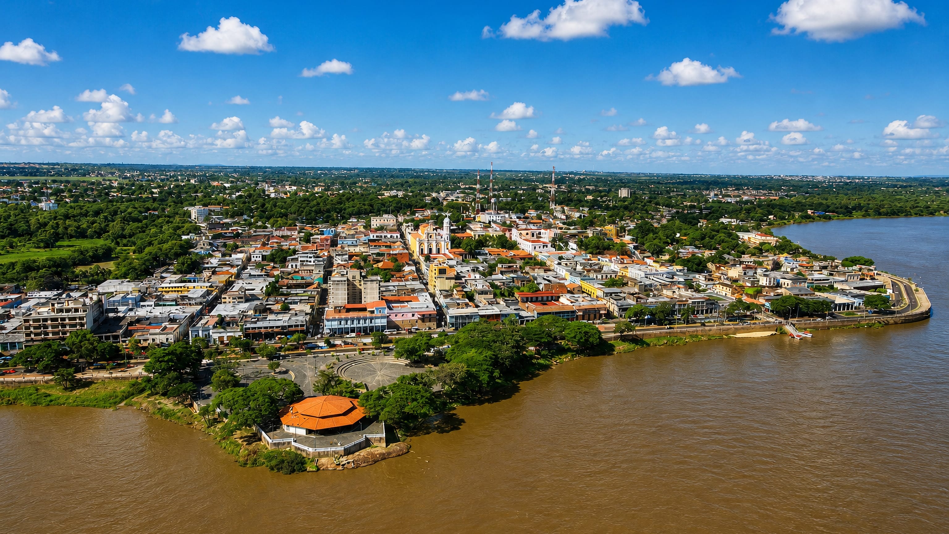 Ciudad Bolivar, Venezuela, its colourful colonial old town and waterfront spread along the wide brown Orinoco River.