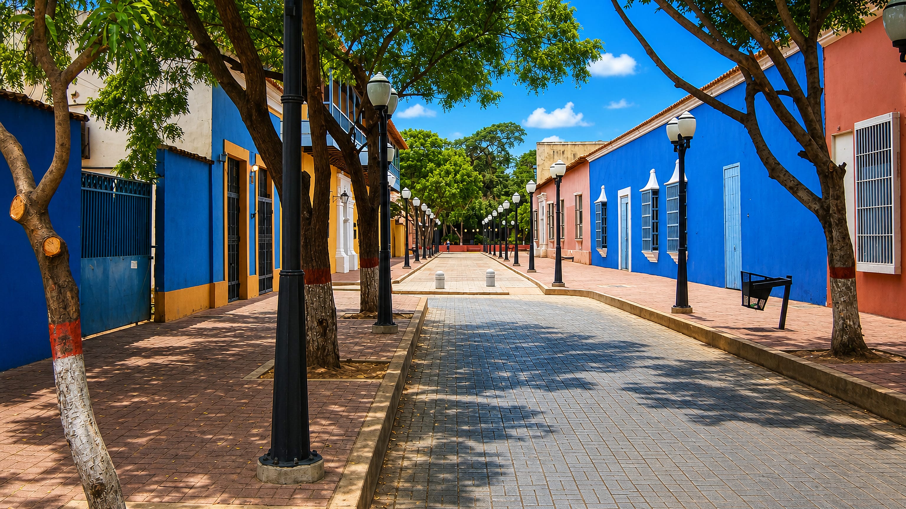 Blue and coral colonial houses lining a shaded pedestrian street in the old town of Coro, Venezuela
