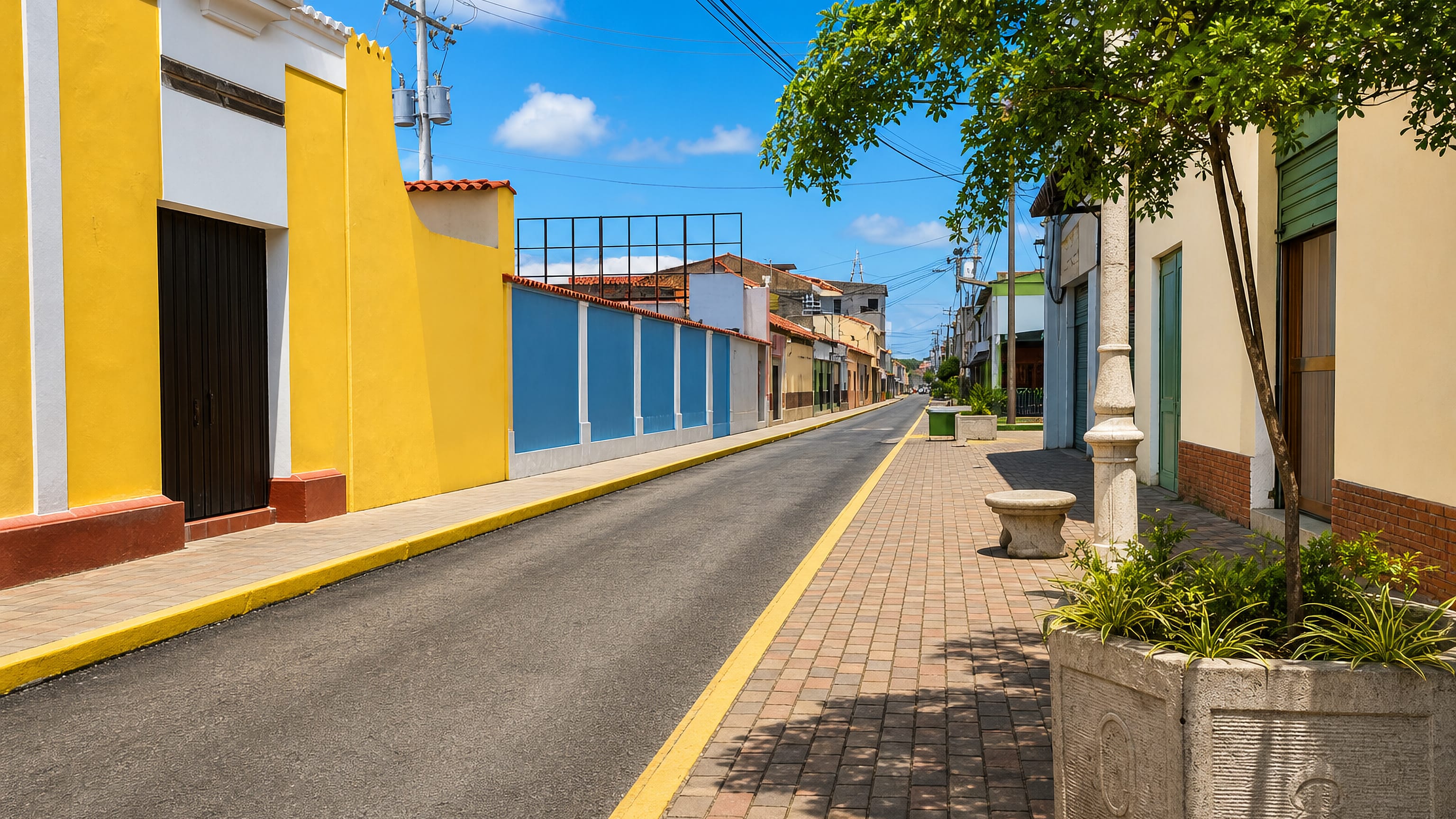 Quiet colonial street in Calabozo, Venezuela, with a bright yellow facade and a brick-paved sidewalk.
