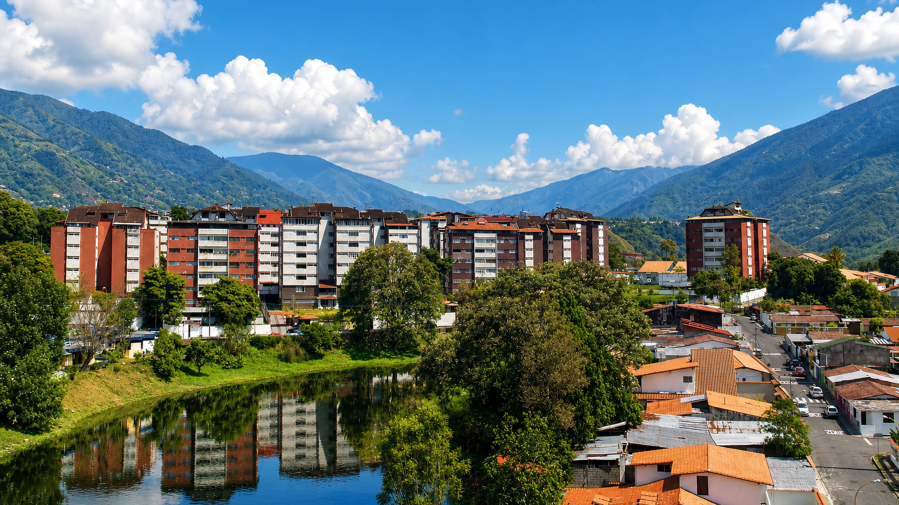 Mid-rise apartment blocks and red-tiled houses beside a river in Mérida, Venezuela, below the green Andes.