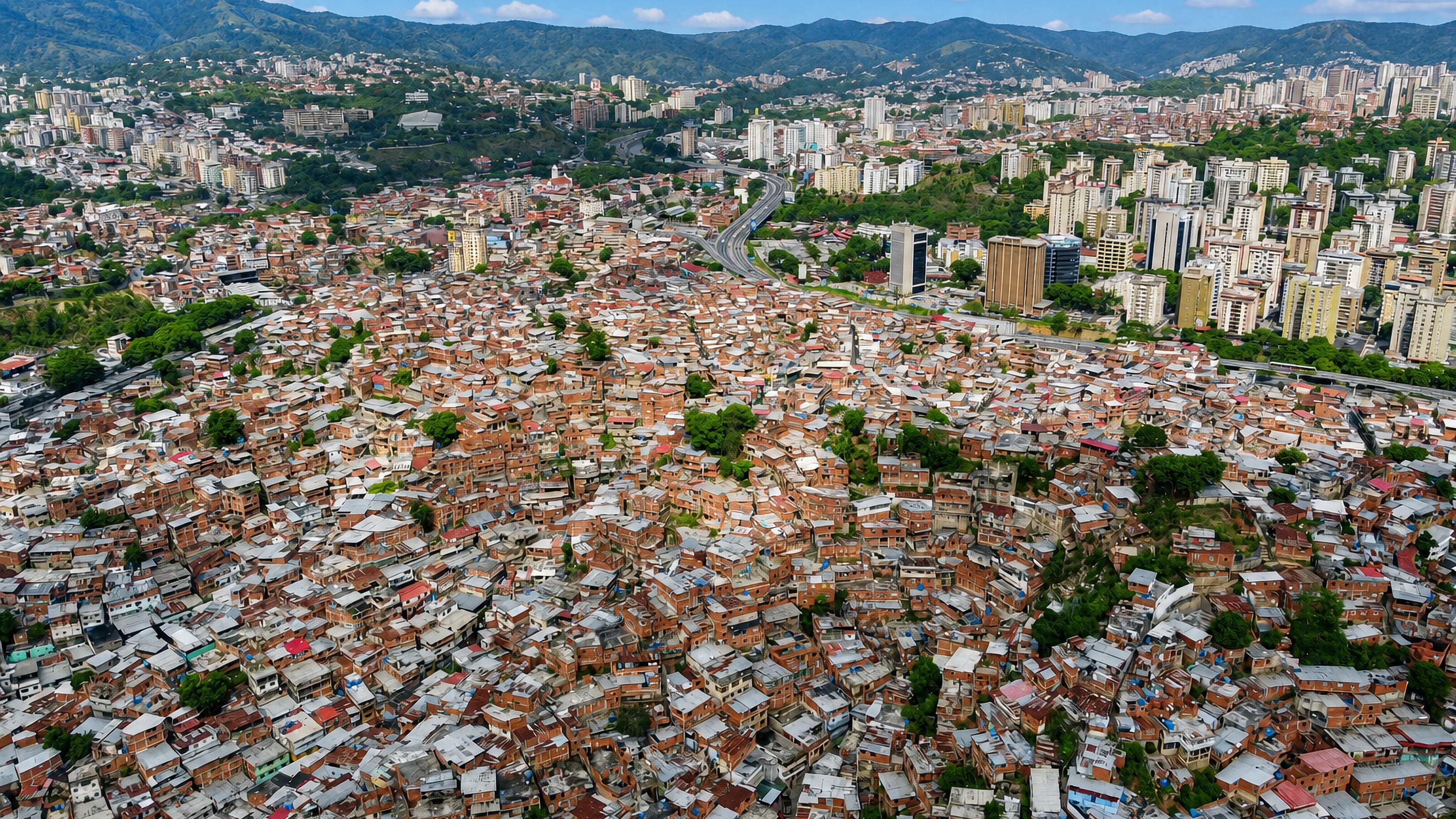 Dense hillside barrio of Petare spreading below eastern Caracas high-rises and the coastal mountain range.
