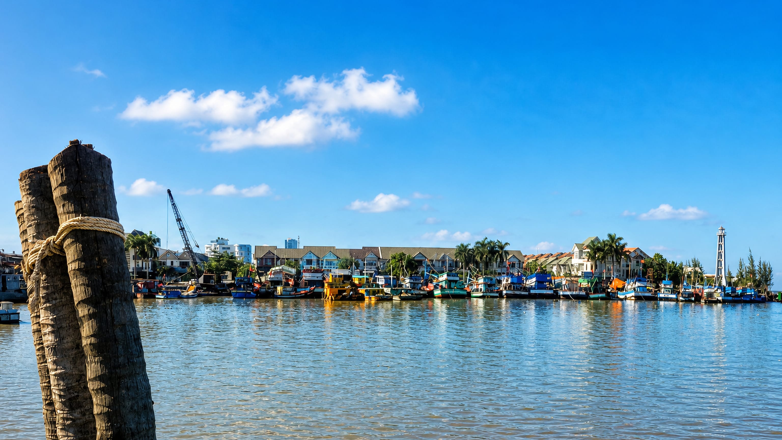 Fishing boats moored along the townhouse-lined waterfront at Rach Gia on Vietnam's Gulf coast