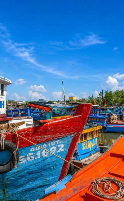 Fishing boats bearing 'Can Gio' names and a Vietnamese flag moored at a harbor in Can Gio, Ho Chi Minh City.