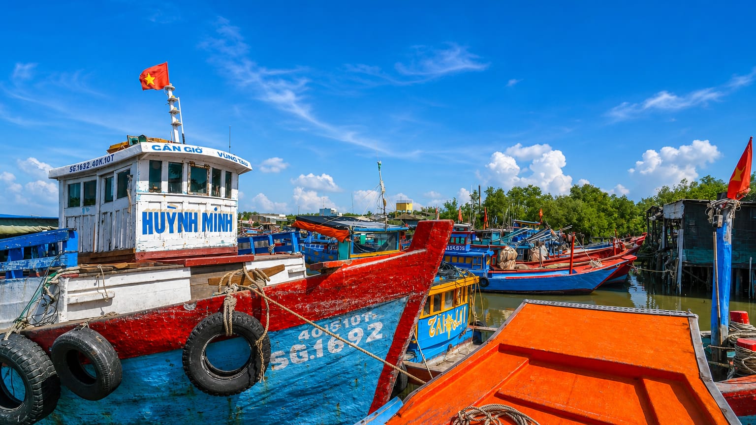 Fishing boats bearing 'Can Gio' names and a Vietnamese flag moored at a harbor in Can Gio, Ho Chi Minh City.