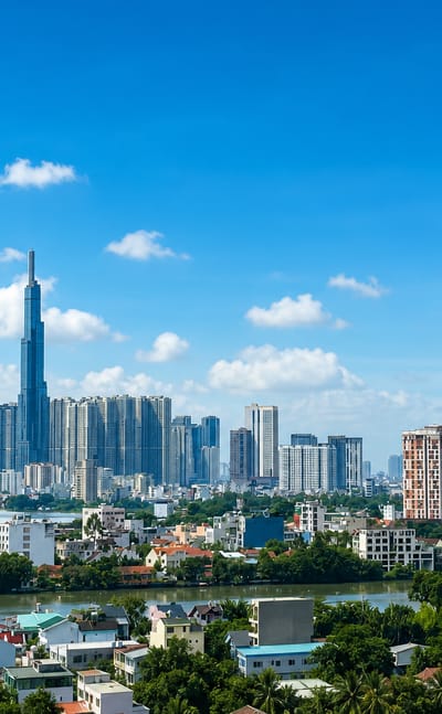Ho Chi Minh City skyline with the towering Landmark 81 spire and the Bitexco tower rising over the Saigon River