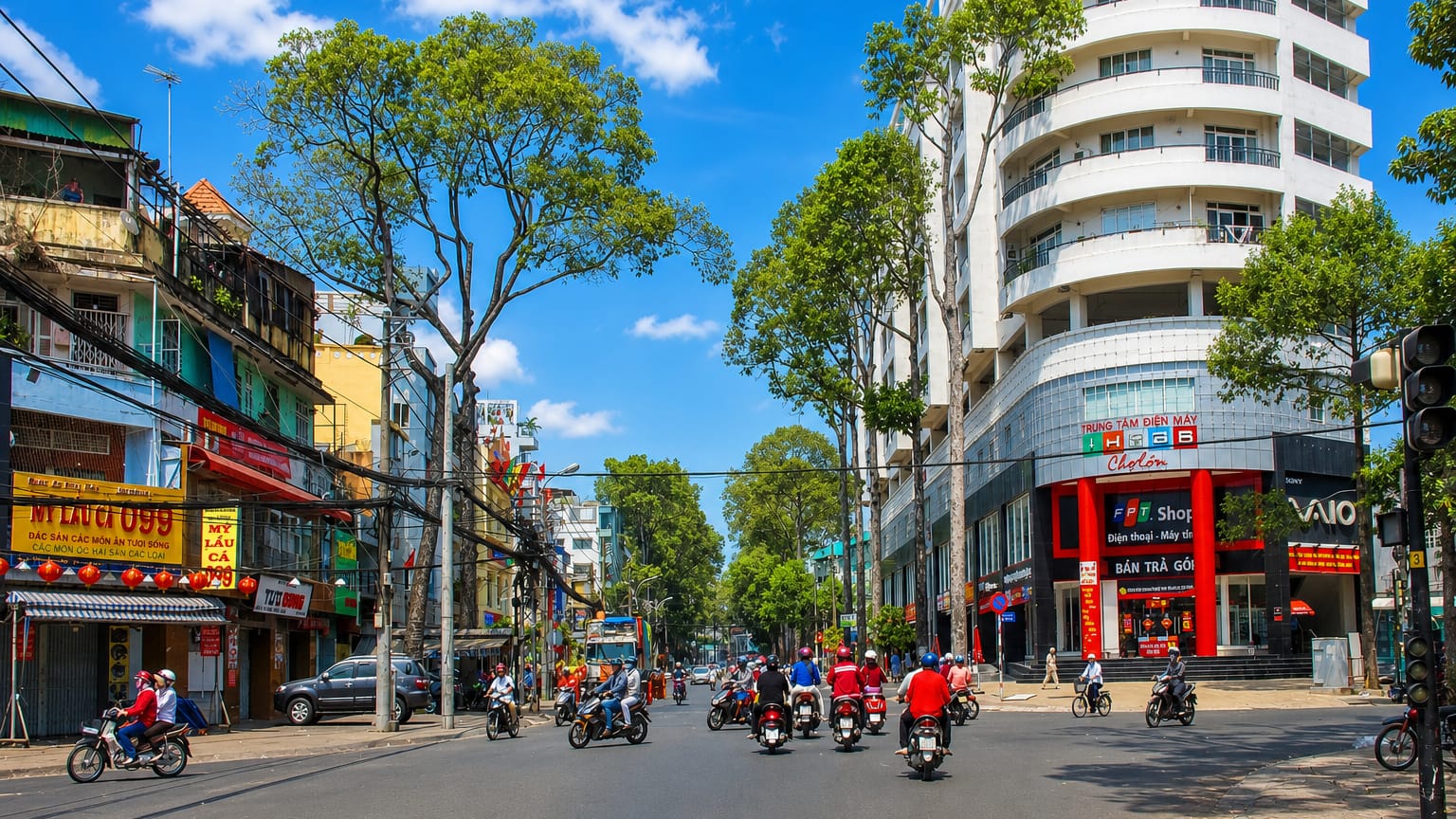 Motorbike-filled street with shophouses and a curved modern building in Ho Chi Minh City's Cholon district