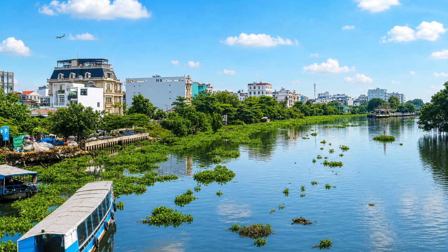 Riverside houses and moored boats along a hyacinth-dotted waterway in Go Vap, Ho Chi Minh City.