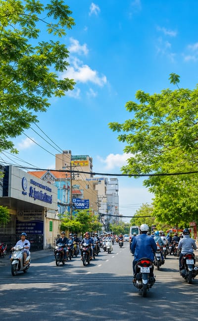 Tree-lined street with motorbike traffic and low buildings in Tan Binh, Ho Chi Minh City.