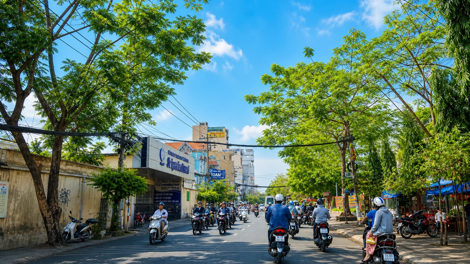 Tree-lined street with motorbike traffic and low buildings in Tan Binh, Ho Chi Minh City.