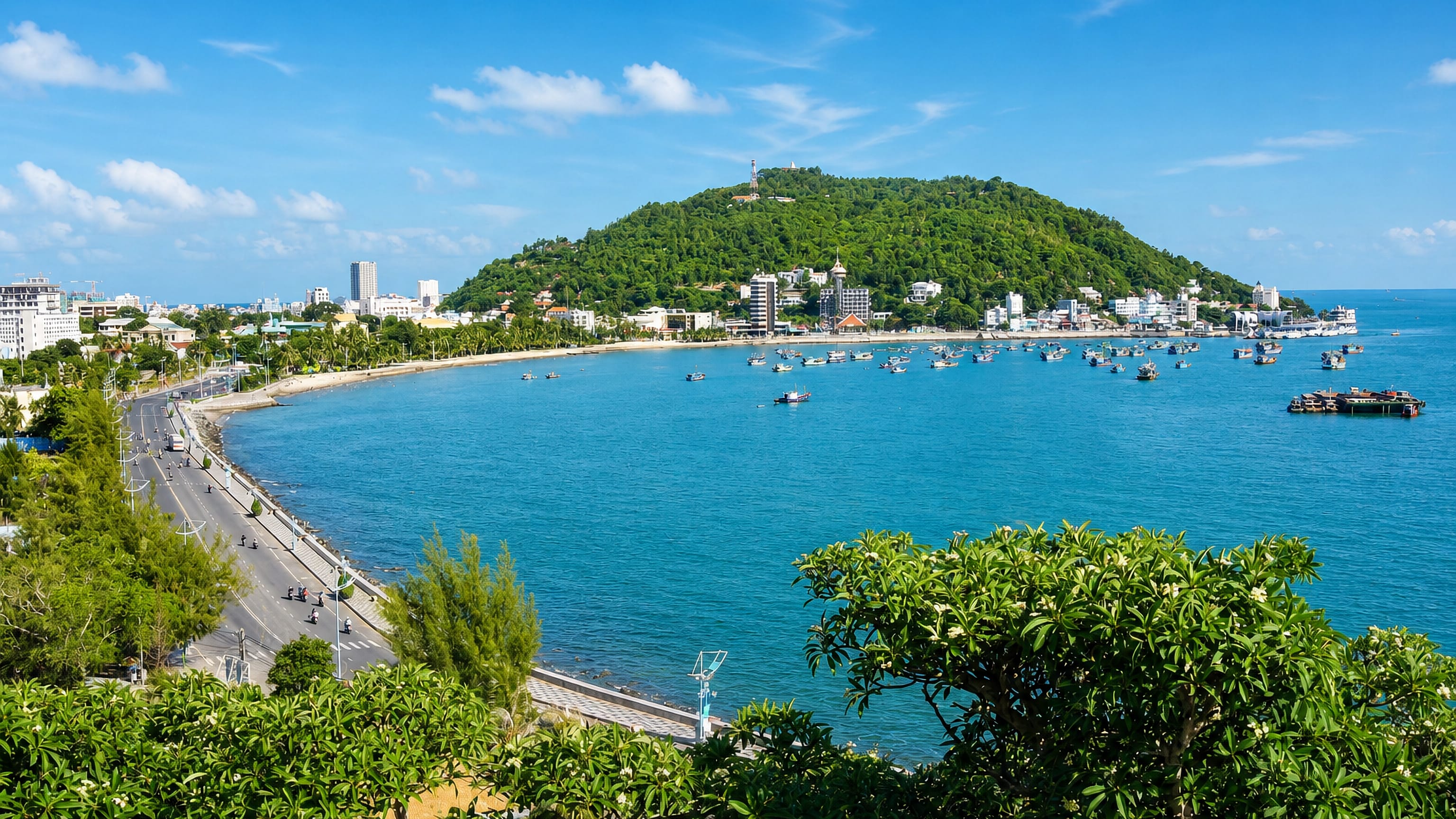 Vũng Tàu's curved Front Beach bay, seafront road and moored fishing boats below the green Small Mountain.