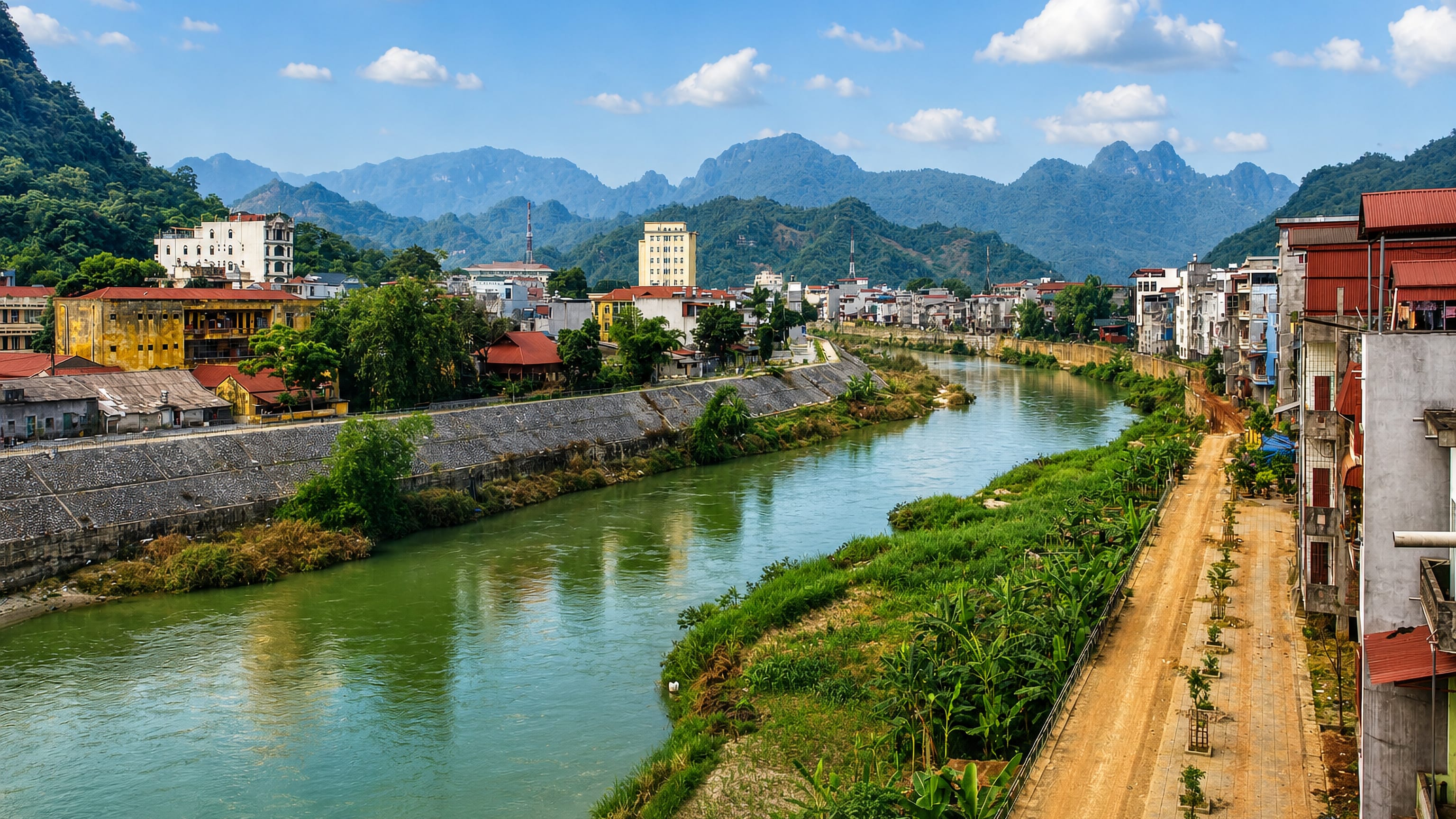 The Lô River winding past Hà Giang, Vietnam, with riverside buildings and limestone karst peaks beyond