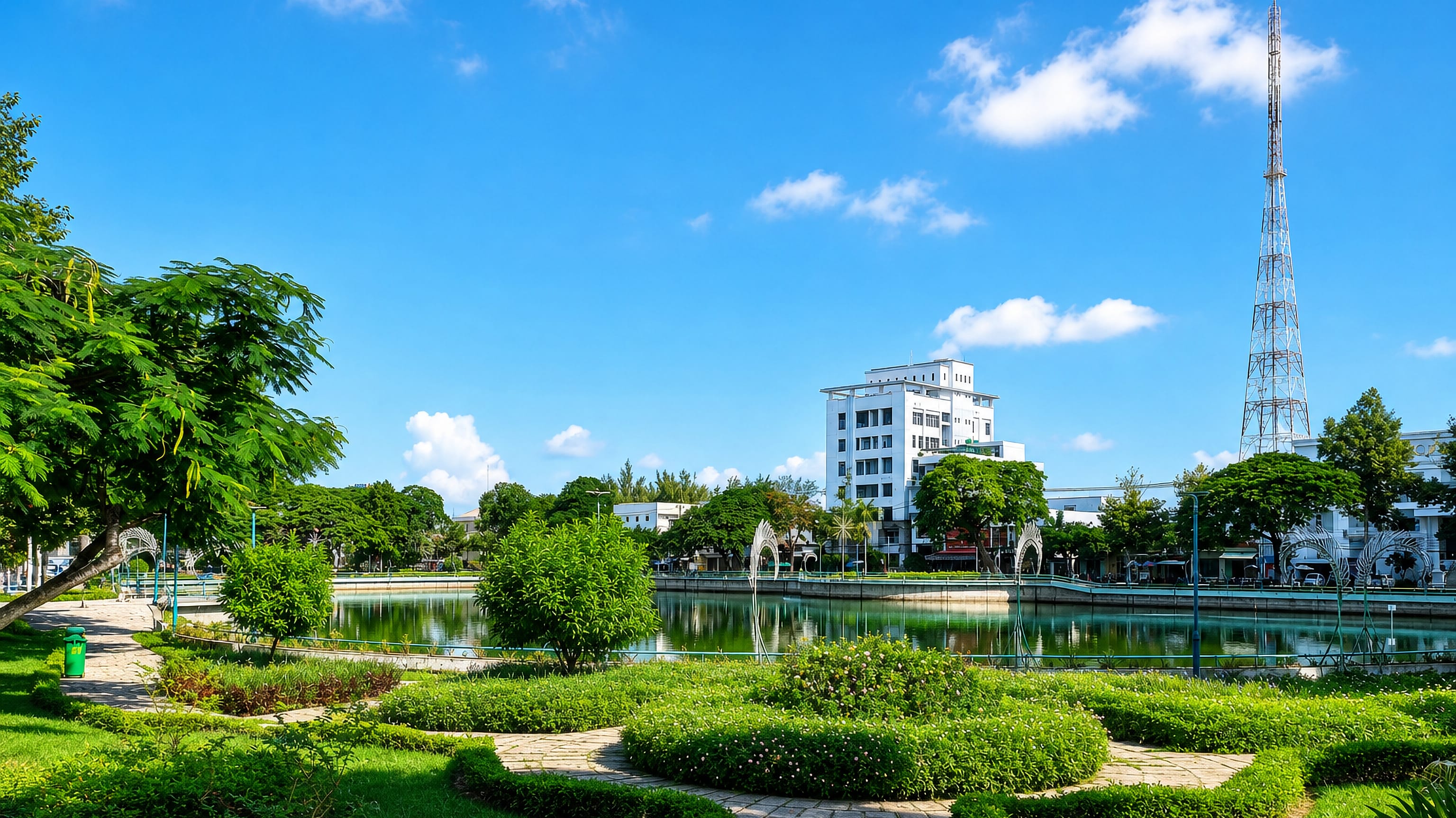 Landscaped lakeside park in Bến Tre, Vietnam, with clipped hedges, a white civic building and a radio mast