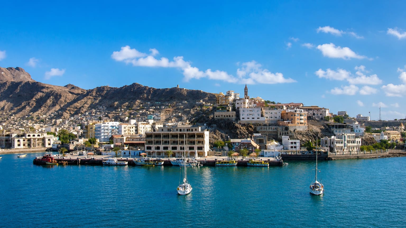 Whitewashed harbour town below rugged volcanic hills at the port of Aden, Yemen