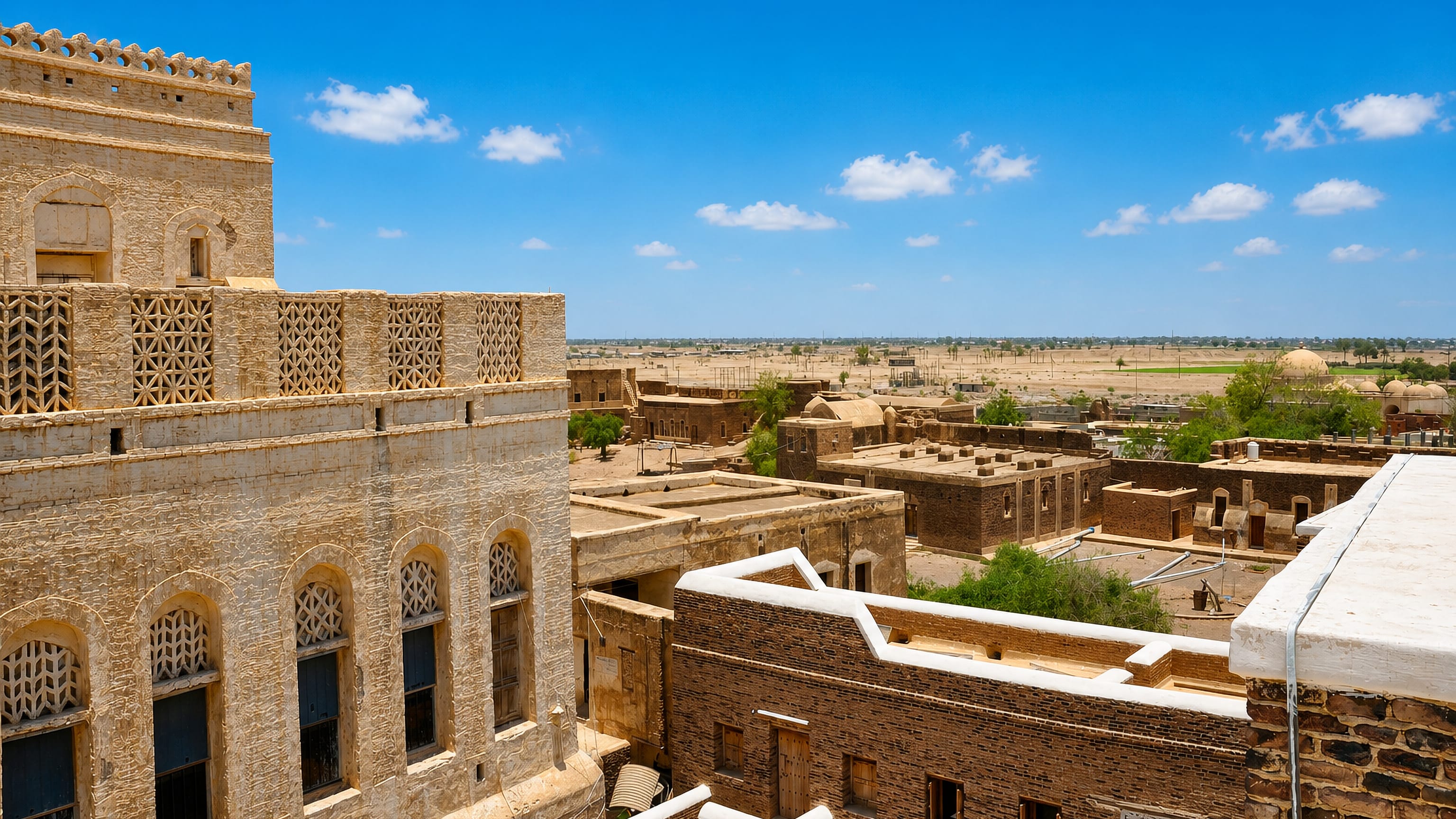 Decorated brick houses and whitewashed rooftops of the historic walled town of Zabid on Yemen's Tihama plain.