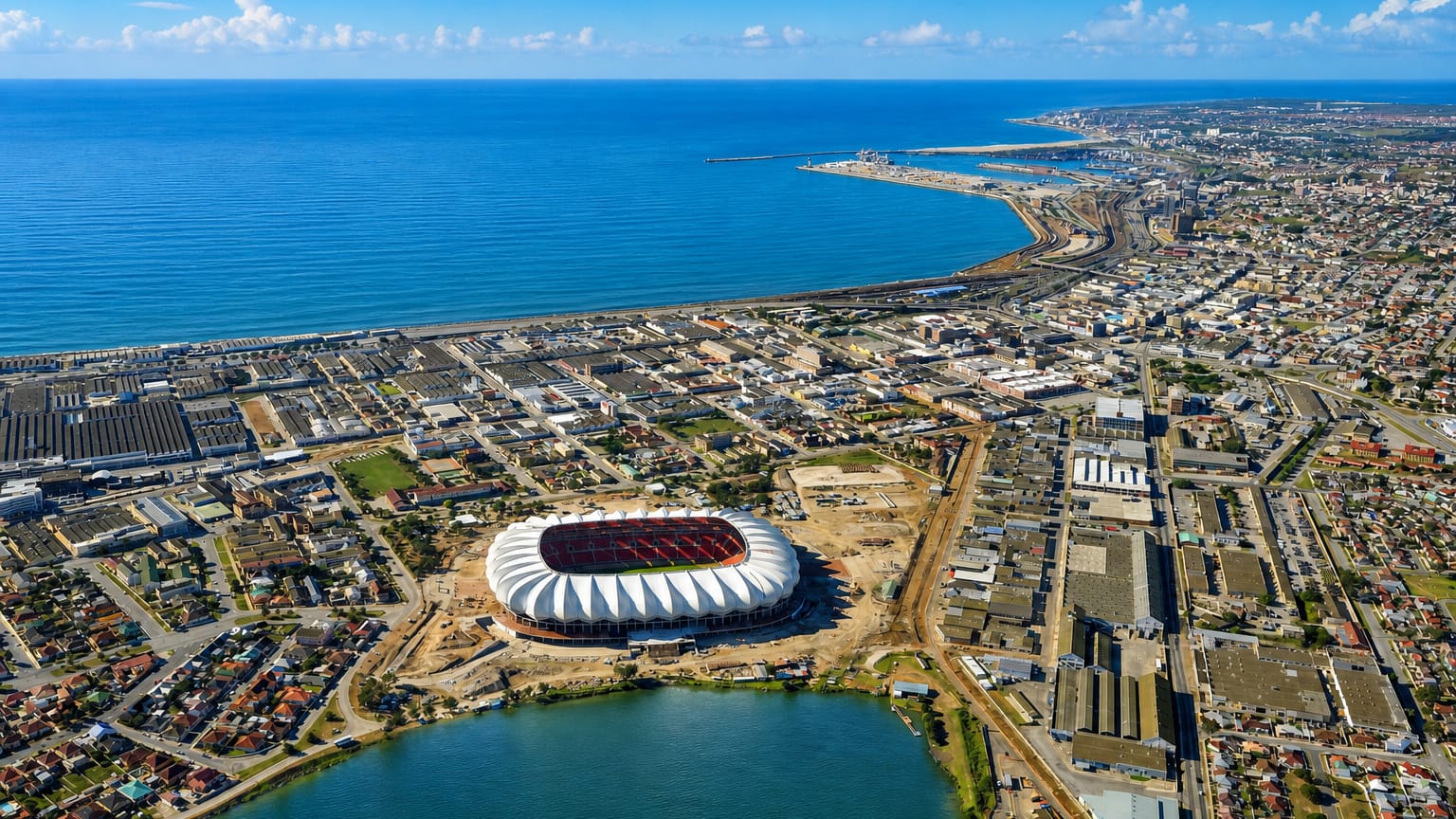 Aerial view of Gqeberha with the Nelson Mandela Bay Stadium, North End Lake and the Indian Ocean coastline