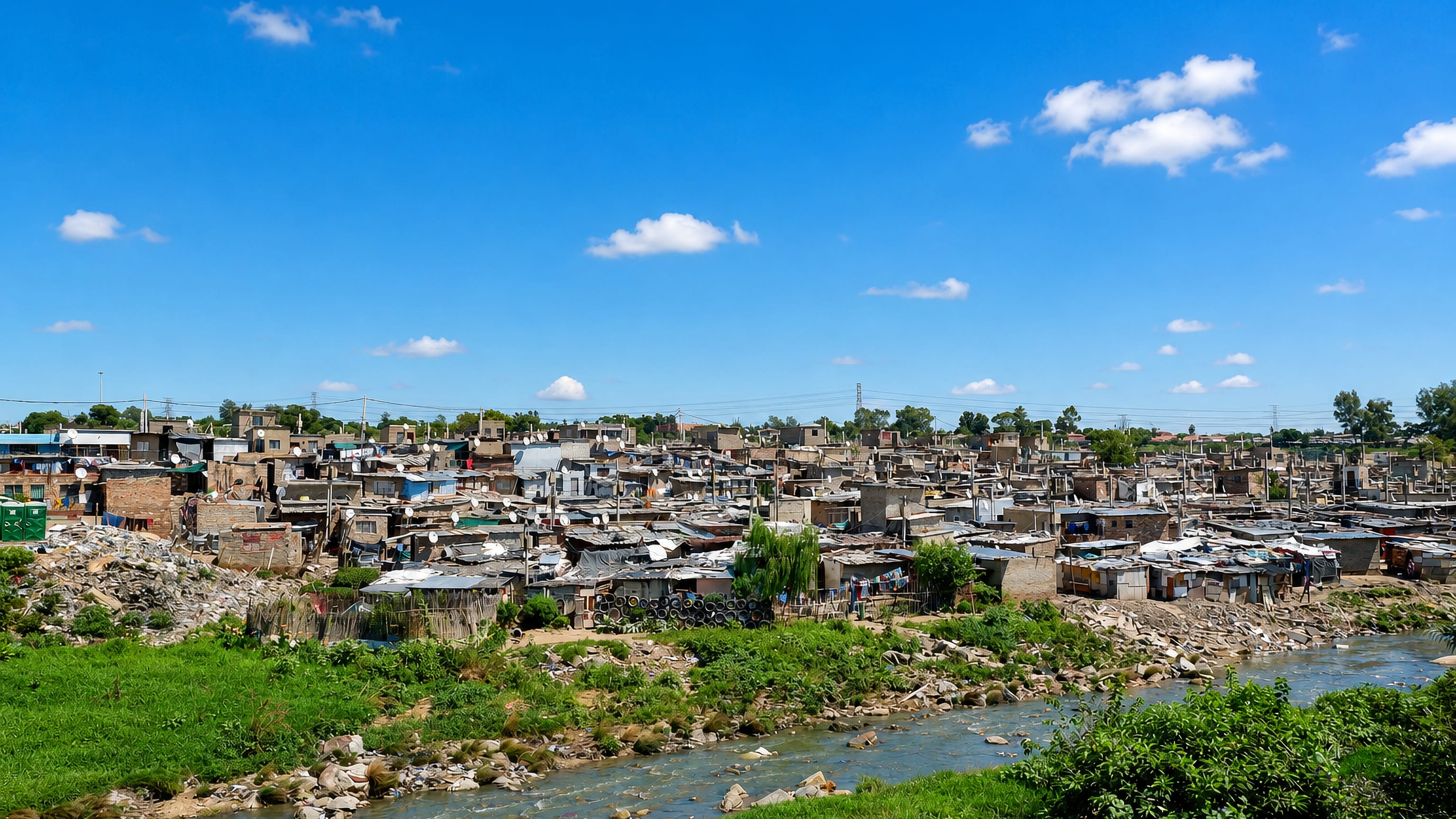Densely packed shacks and brick houses of Alexandra, Johannesburg, above the Jukskei River.