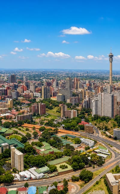 Aerial view of Johannesburg's Hillbrow with the Hillbrow Tower and cylindrical Ponte City tower above the dense CBD