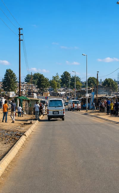 A wide tarred road lined with informal stalls, shacks and a minibus taxi in Diepsloot, Gauteng.