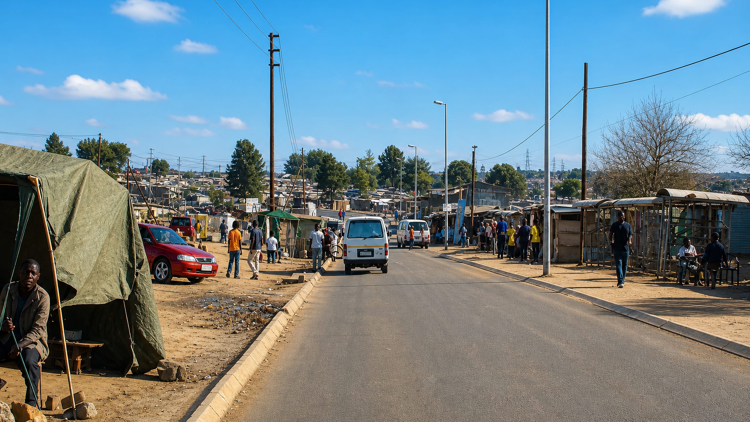 A wide tarred road lined with informal stalls, shacks and a minibus taxi in Diepsloot, Gauteng.
