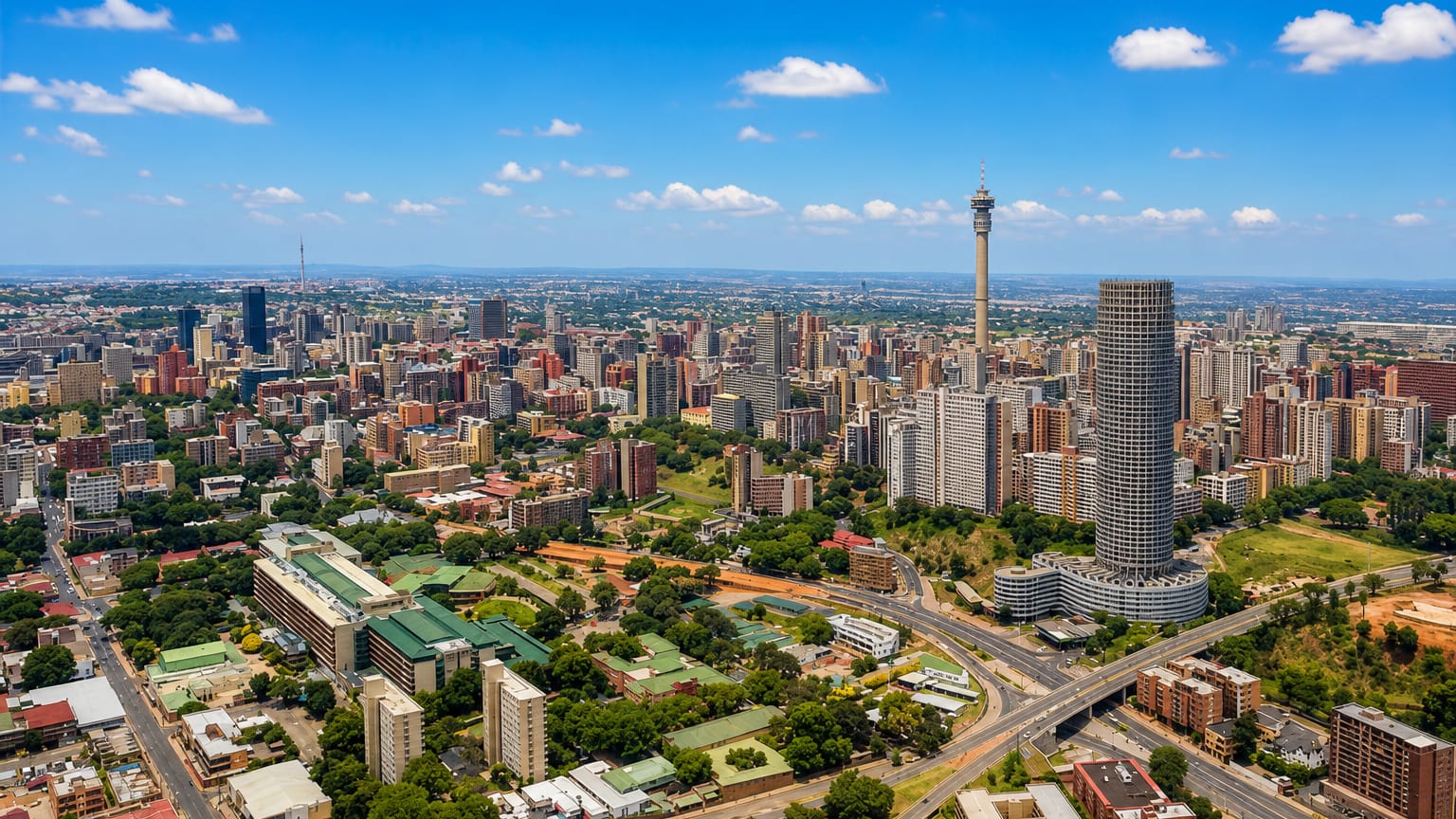 Aerial view of Johannesburg's Hillbrow with the Hillbrow Tower and cylindrical Ponte City tower above the dense CBD