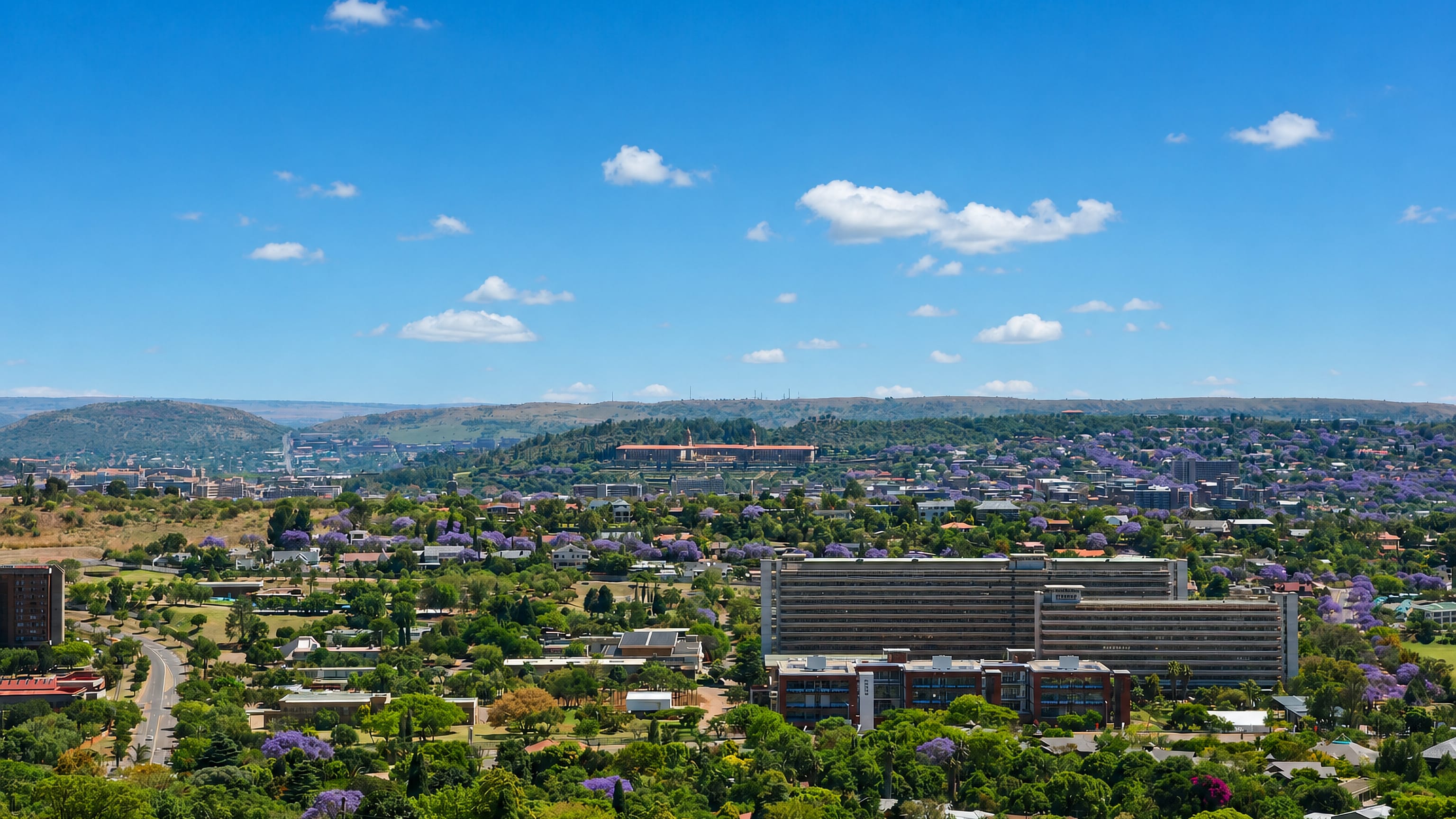 View over Groenkloof in Pretoria, with jacarandas in bloom and government buildings on the ridge beyond.