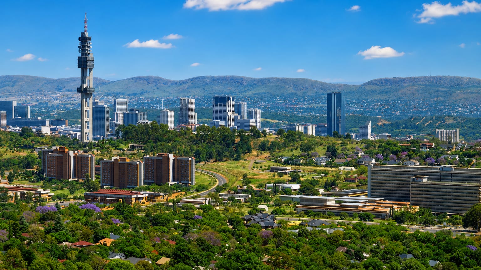 Skyline of Pretoria with its cylindrical tower, CBD high-rises, and purple jacaranda trees in the foreground