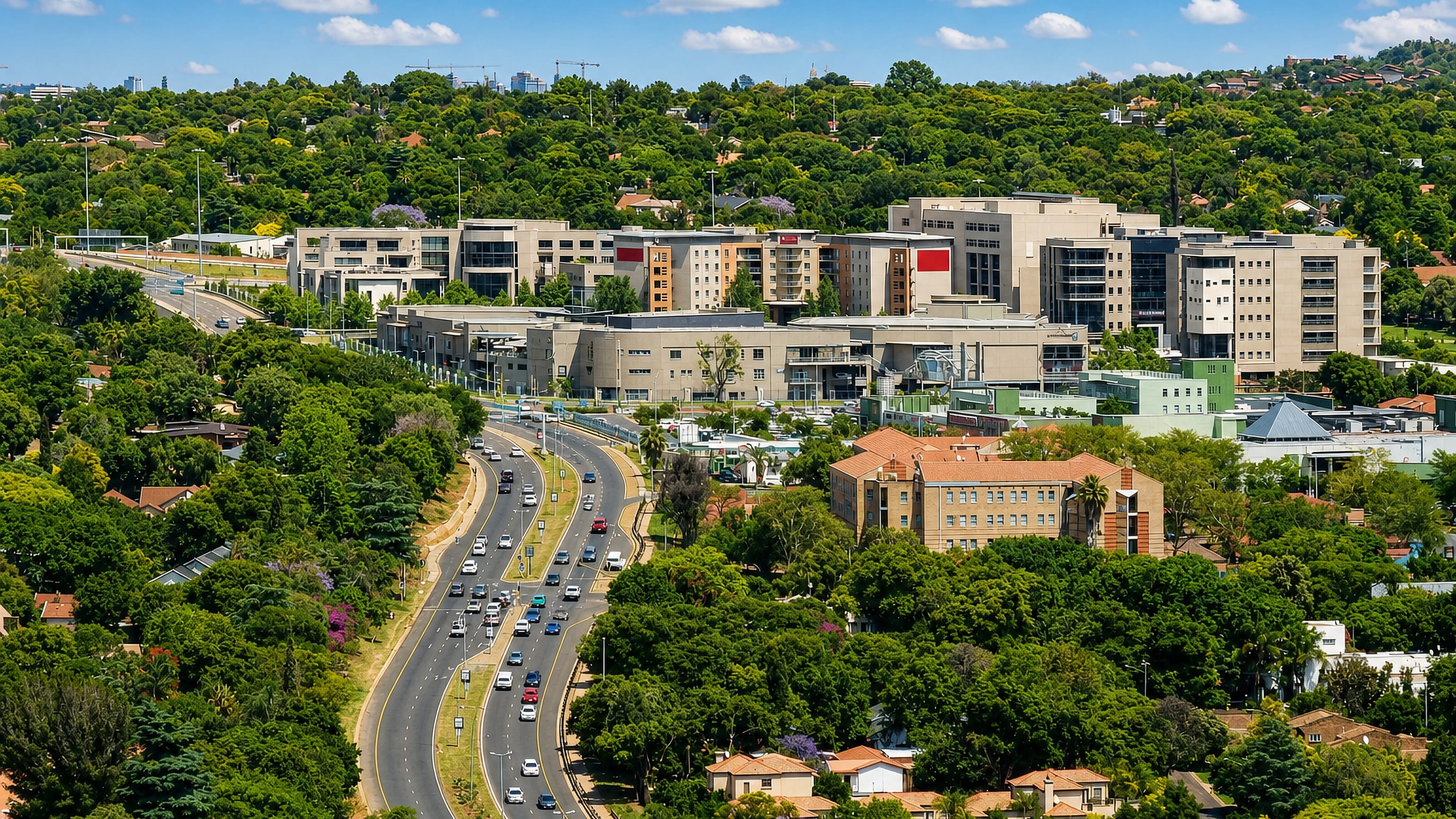 Aerial view of a tree-lined highway and modern office complex in Lynnwood Manor, Pretoria, with jacarandas in bloom.