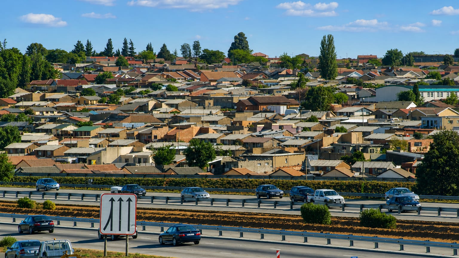 Soweto township's dense rooftops rising above a busy multi-lane motorway under a bright sky