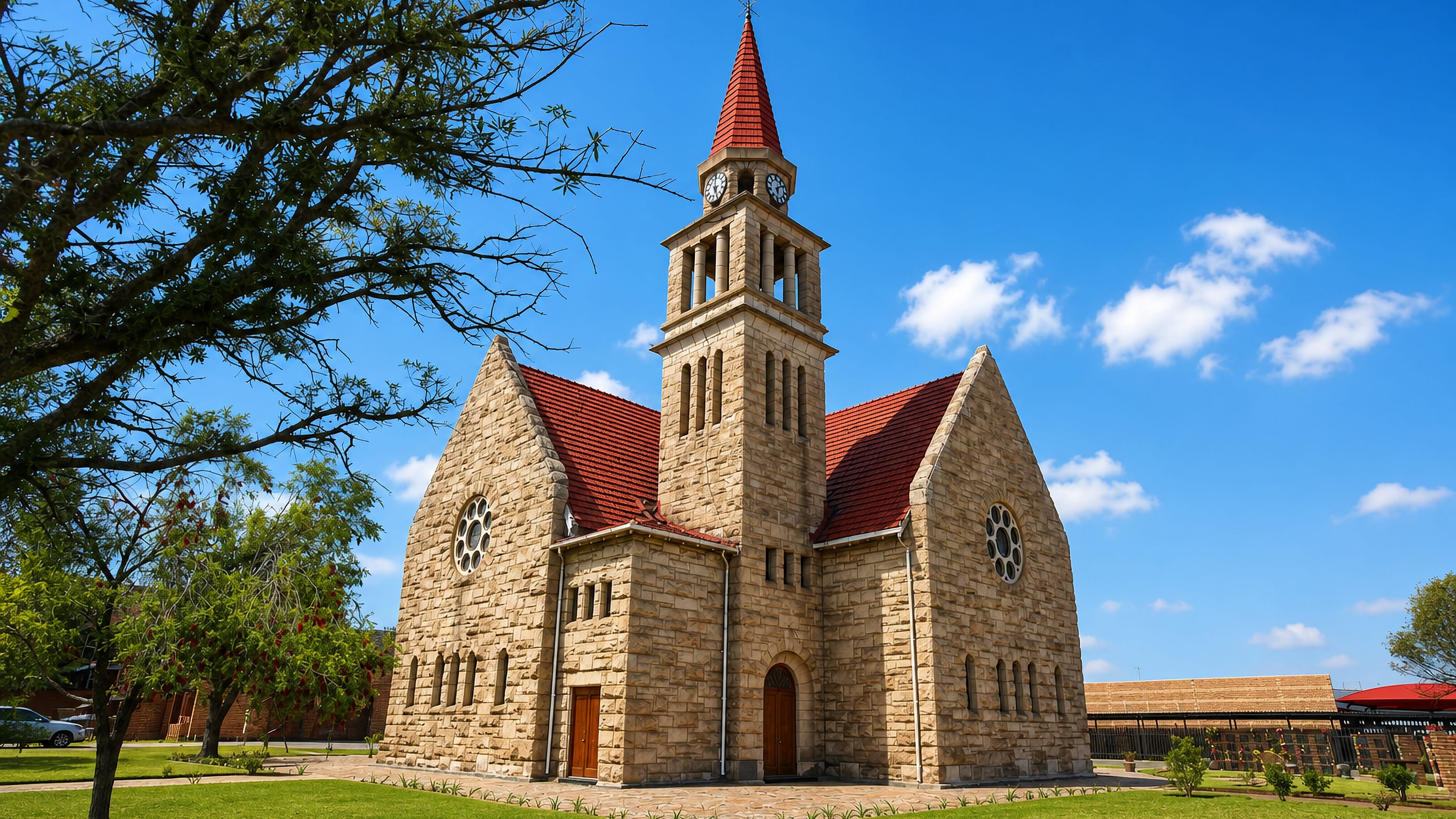 Sandstone Dutch Reformed church with a red-tiled roof and clock tower on a green lawn in Vereeniging, South Africa.