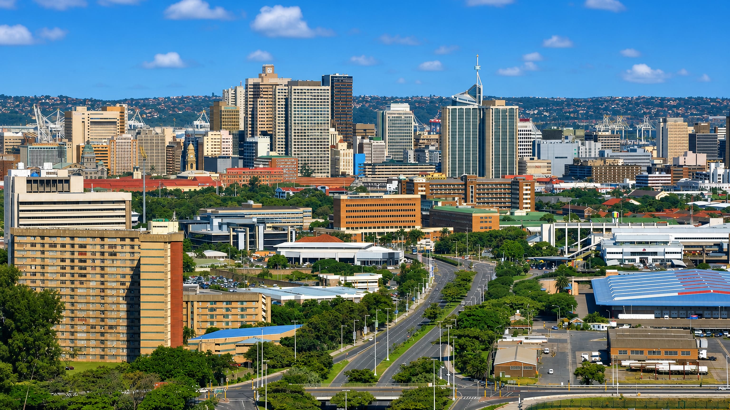 High-rise CBD skyline of Durban Central with harbour cranes, wide boulevards and the Berea hills beyond.