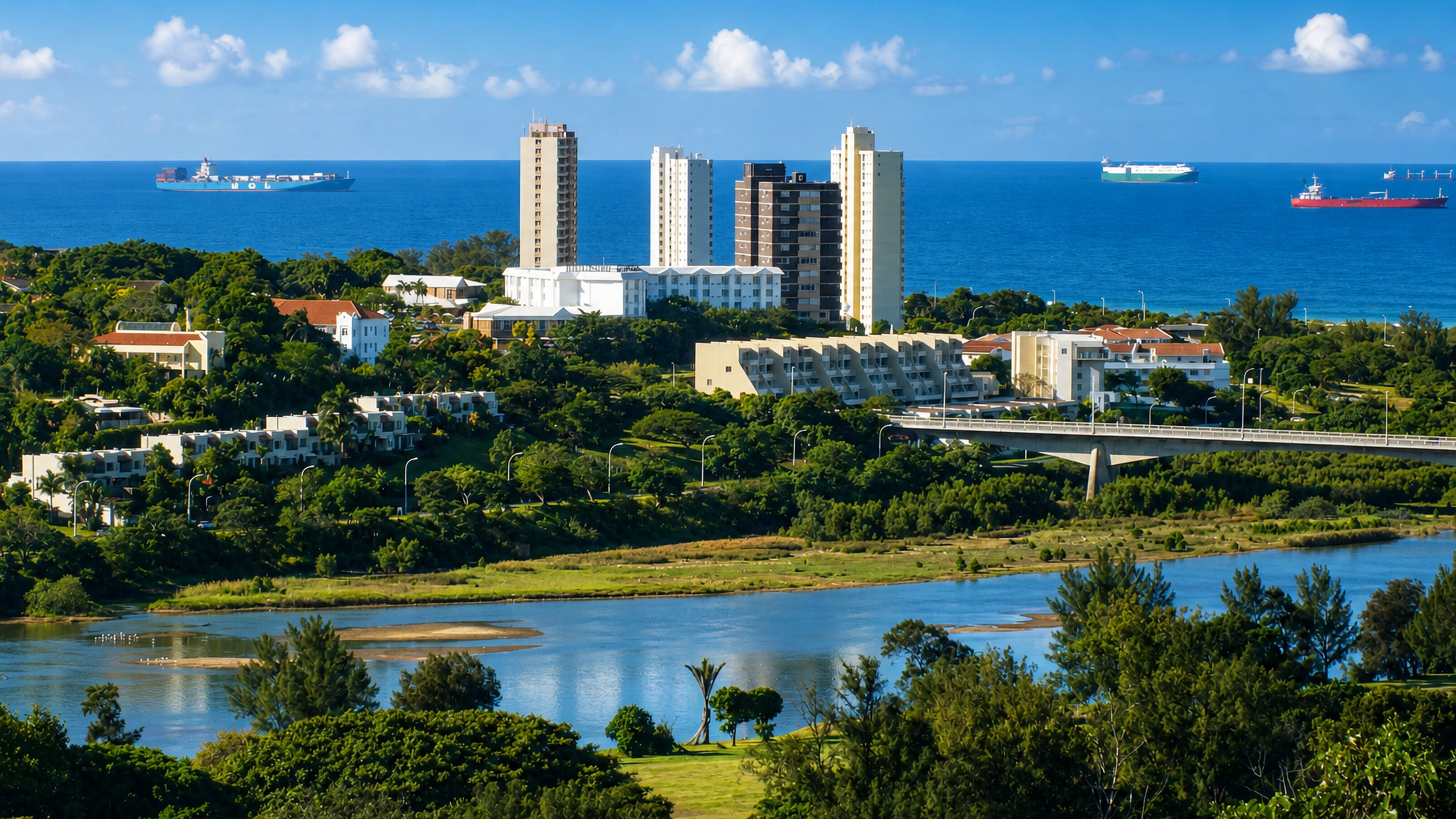 The Umgeni lagoon, apartment towers and Indian Ocean shipping lanes at Durban North.
