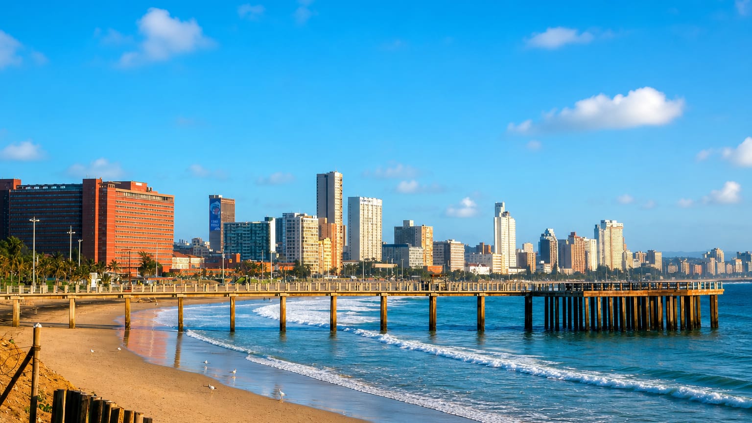 Durban's Golden Mile beachfront skyline behind a wooden pier and breaking Indian Ocean surf.
