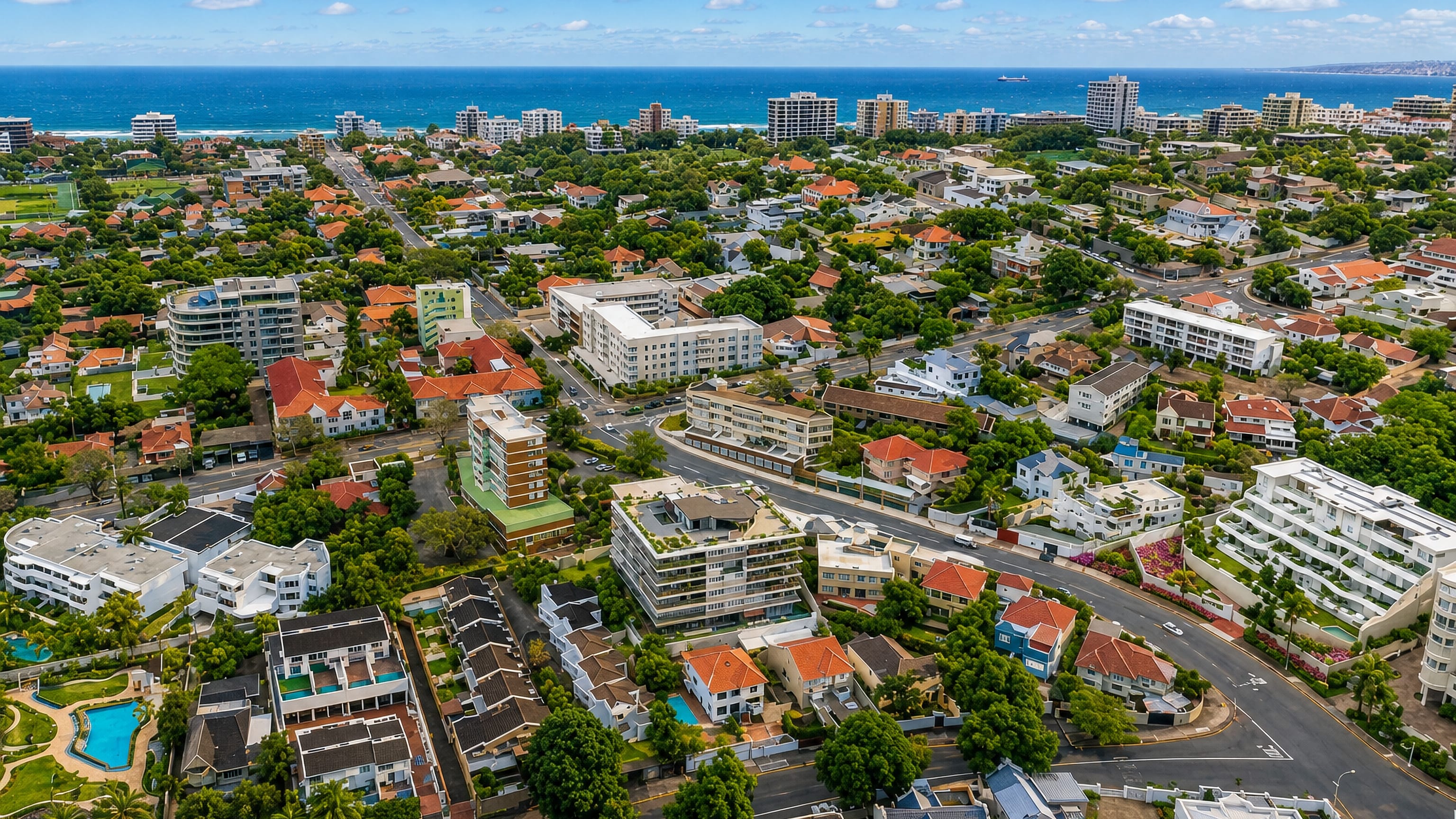 Aerial view over the leafy apartment blocks and villas of Morningside, Durban, with the ocean beyond.