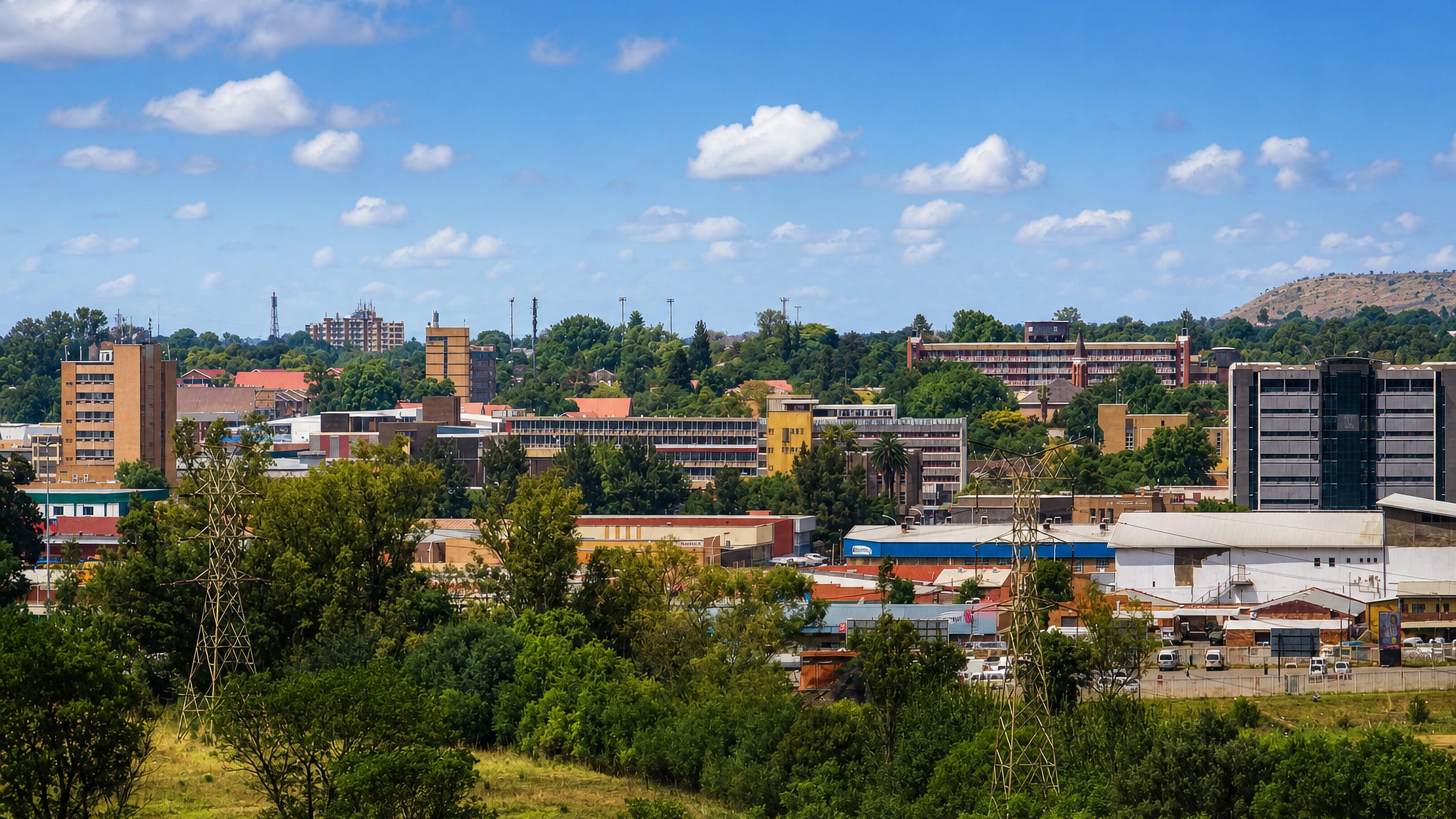 Newcastle, South Africa, seen across wooded slopes, with low-rise CBD blocks, warehouses and hills behind.