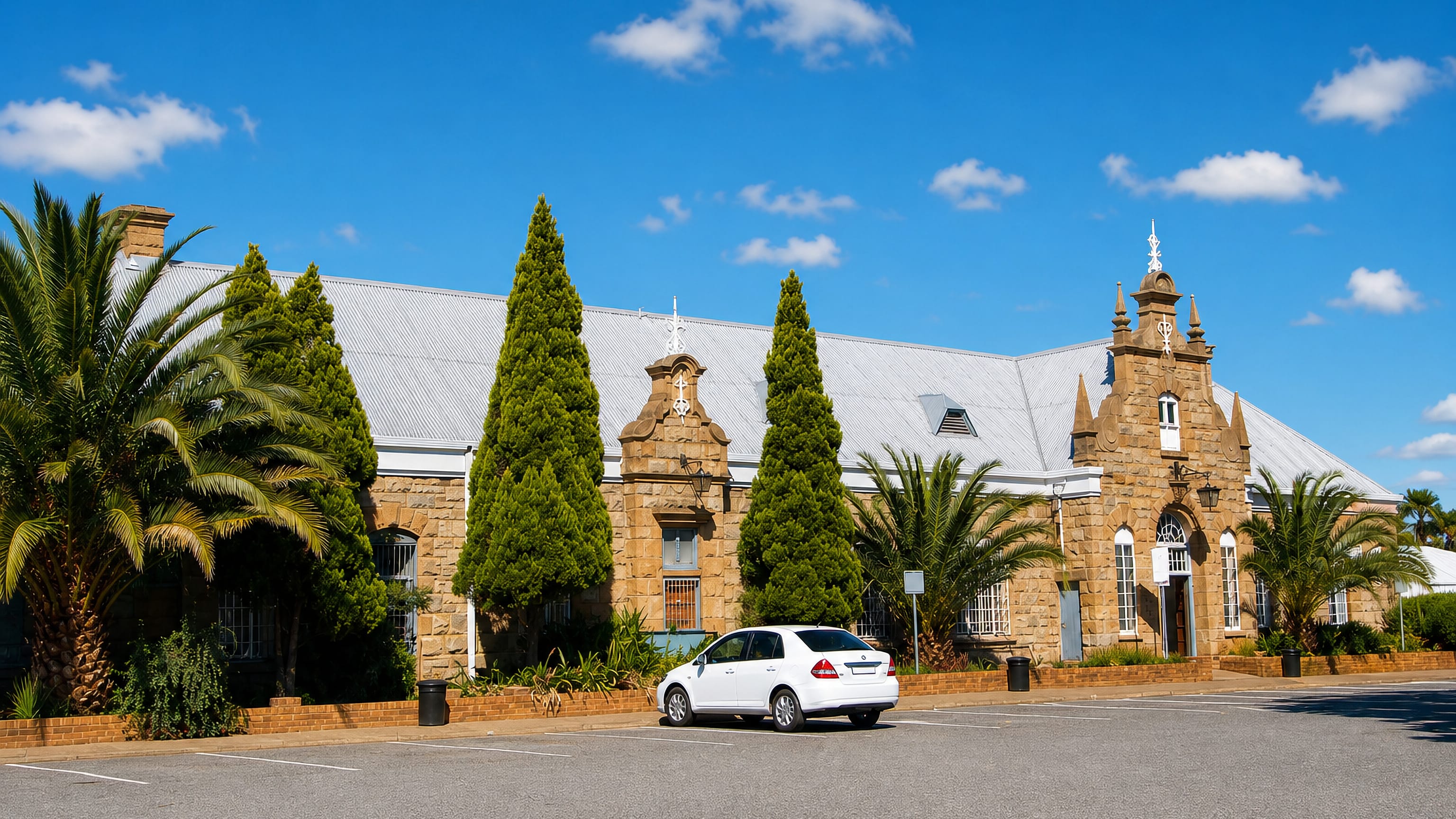 Sandstone Cape Dutch-gabled building with palms and cypresses beside a parking area in Klerksdorp, South Africa.