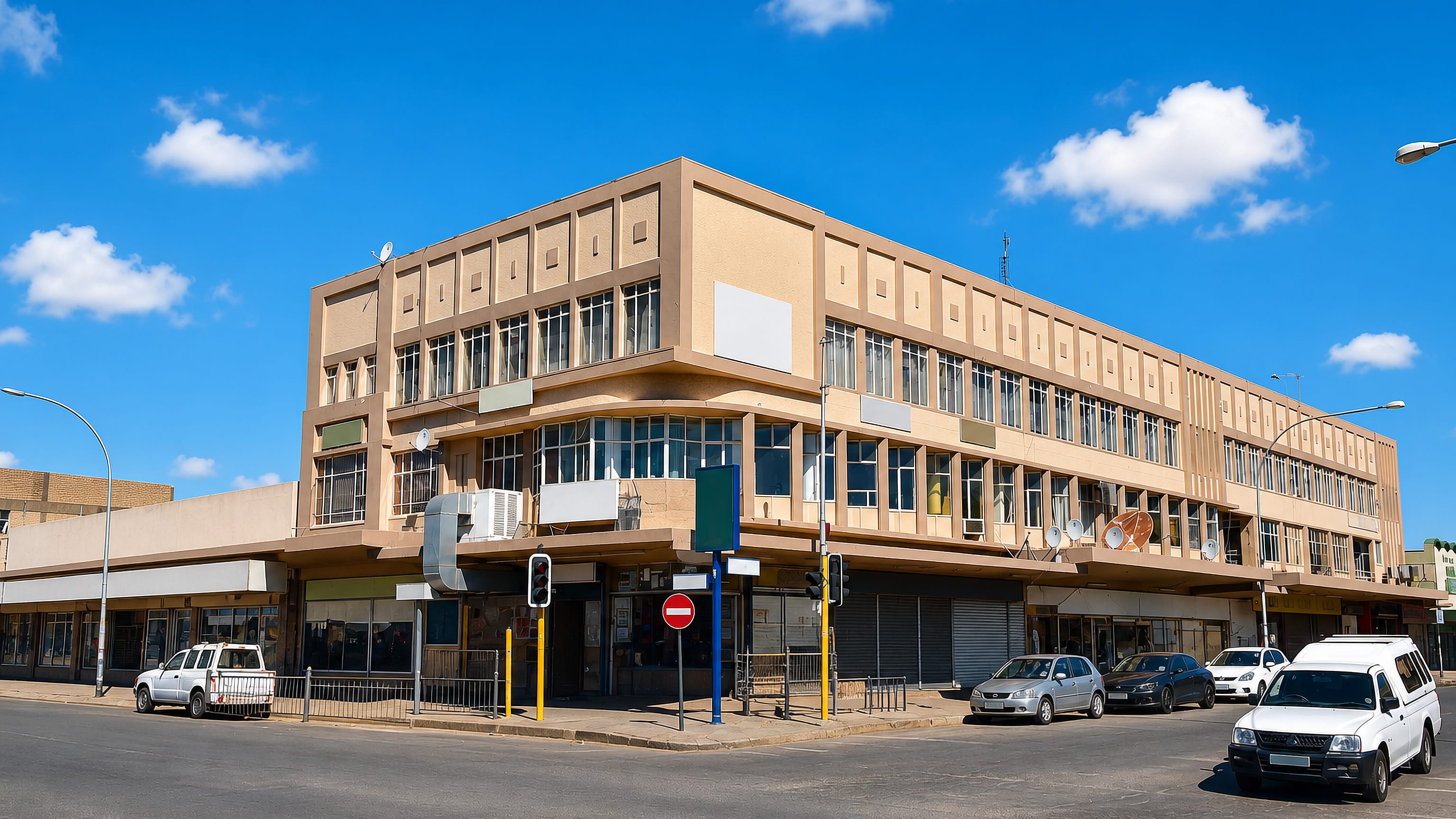 Modernist corner shop building and parked cars on a wide street in central Mafikeng, South Africa.
