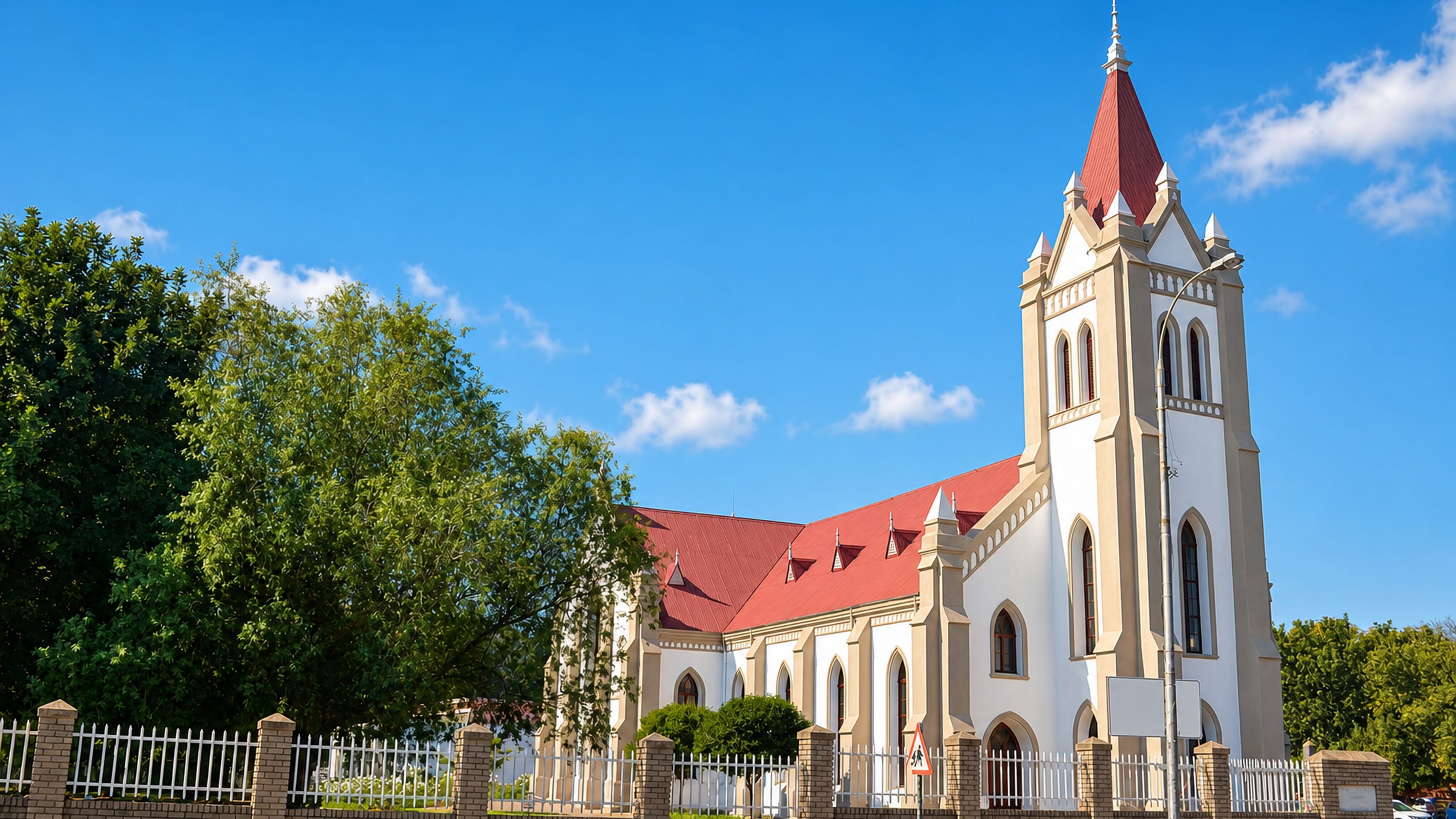 White Dutch Reformed church with a red roof and pointed spire behind a brick wall in Rustenburg, South Africa