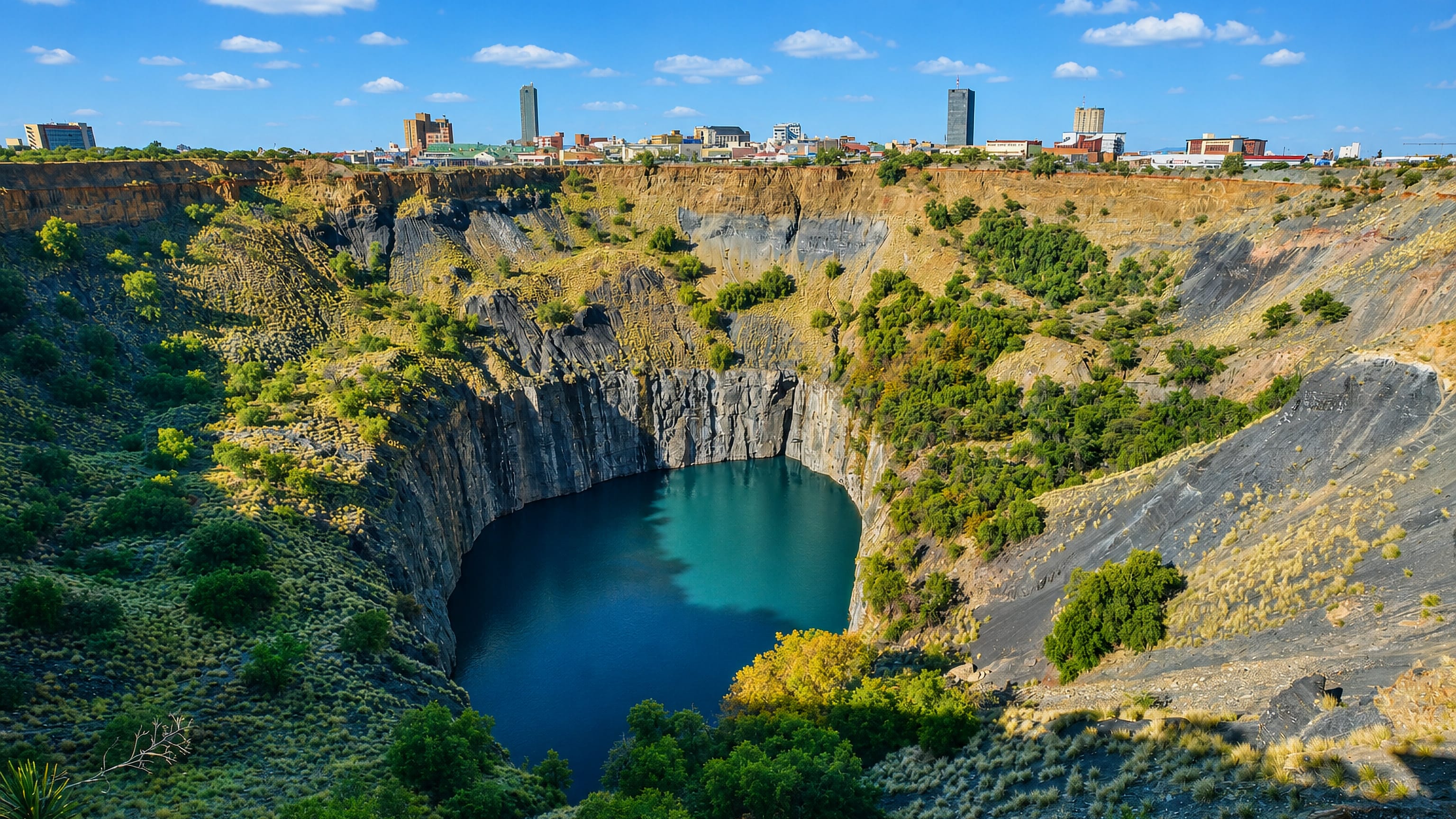 Kimberley's Big Hole diamond mine, its turquoise water ringed by cliffs below the city skyline.